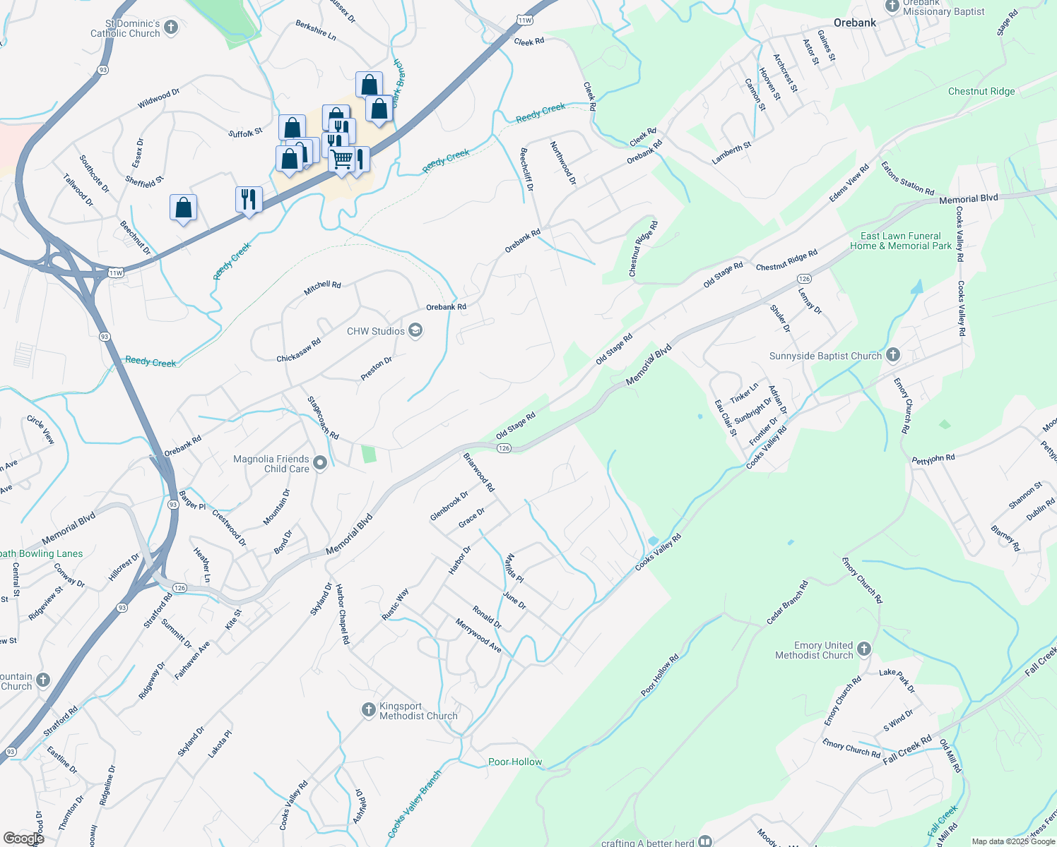 map of restaurants, bars, coffee shops, grocery stores, and more near 4509 Old Stage Road in Kingsport