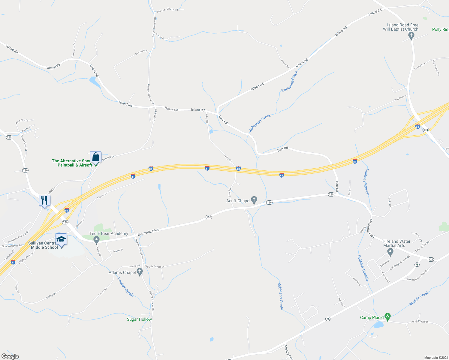 map of restaurants, bars, coffee shops, grocery stores, and more near 171 Isley Rd in Blountville