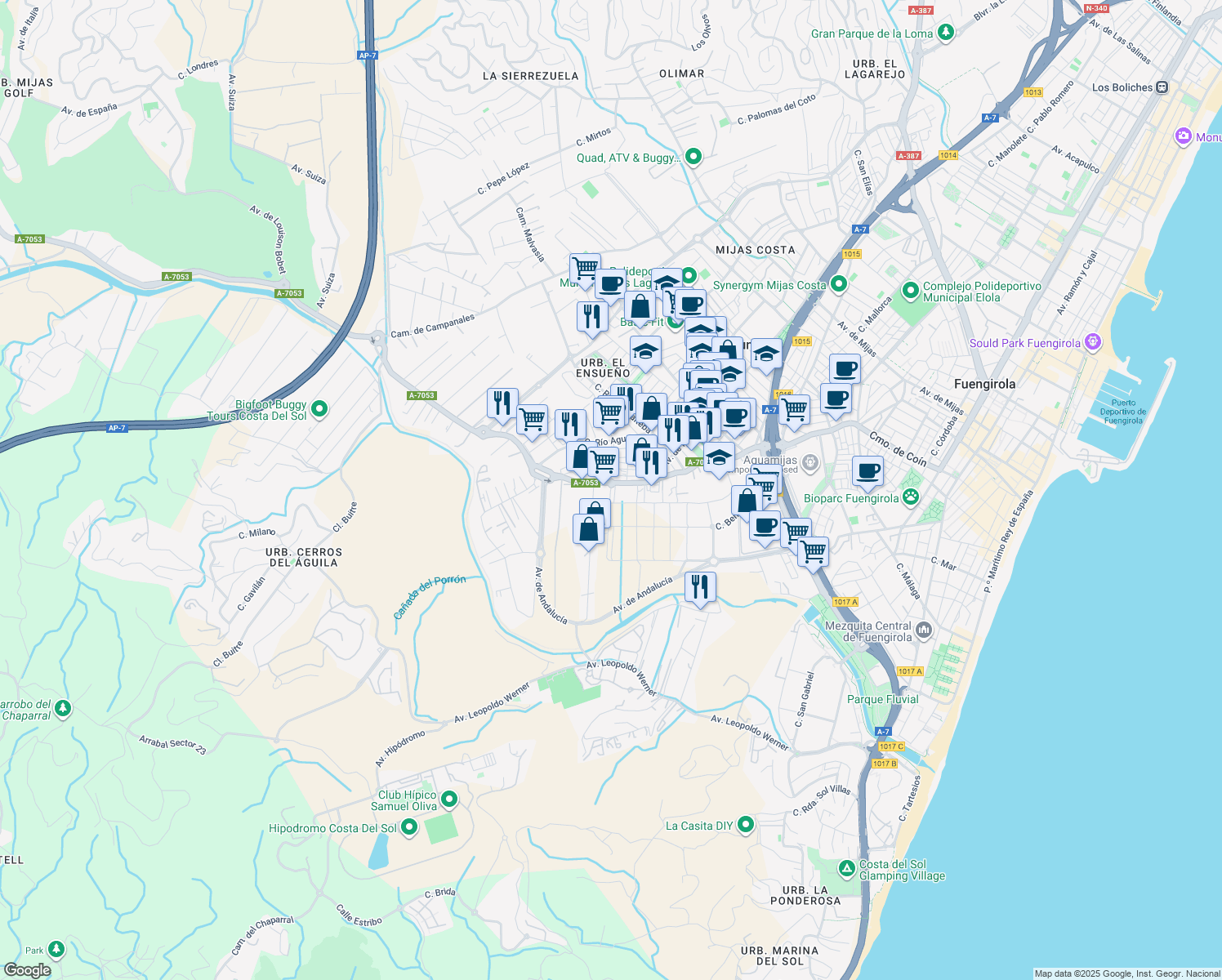 map of restaurants, bars, coffee shops, grocery stores, and more near 64 Camino Viejo de Coín in Fuengirola