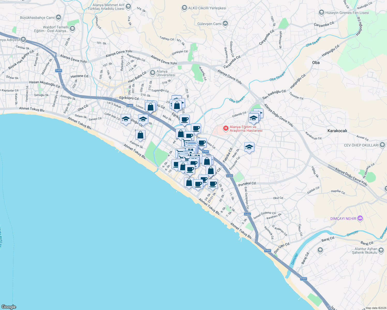 map of restaurants, bars, coffee shops, grocery stores, and more near 54 23. Sokak in Alanya