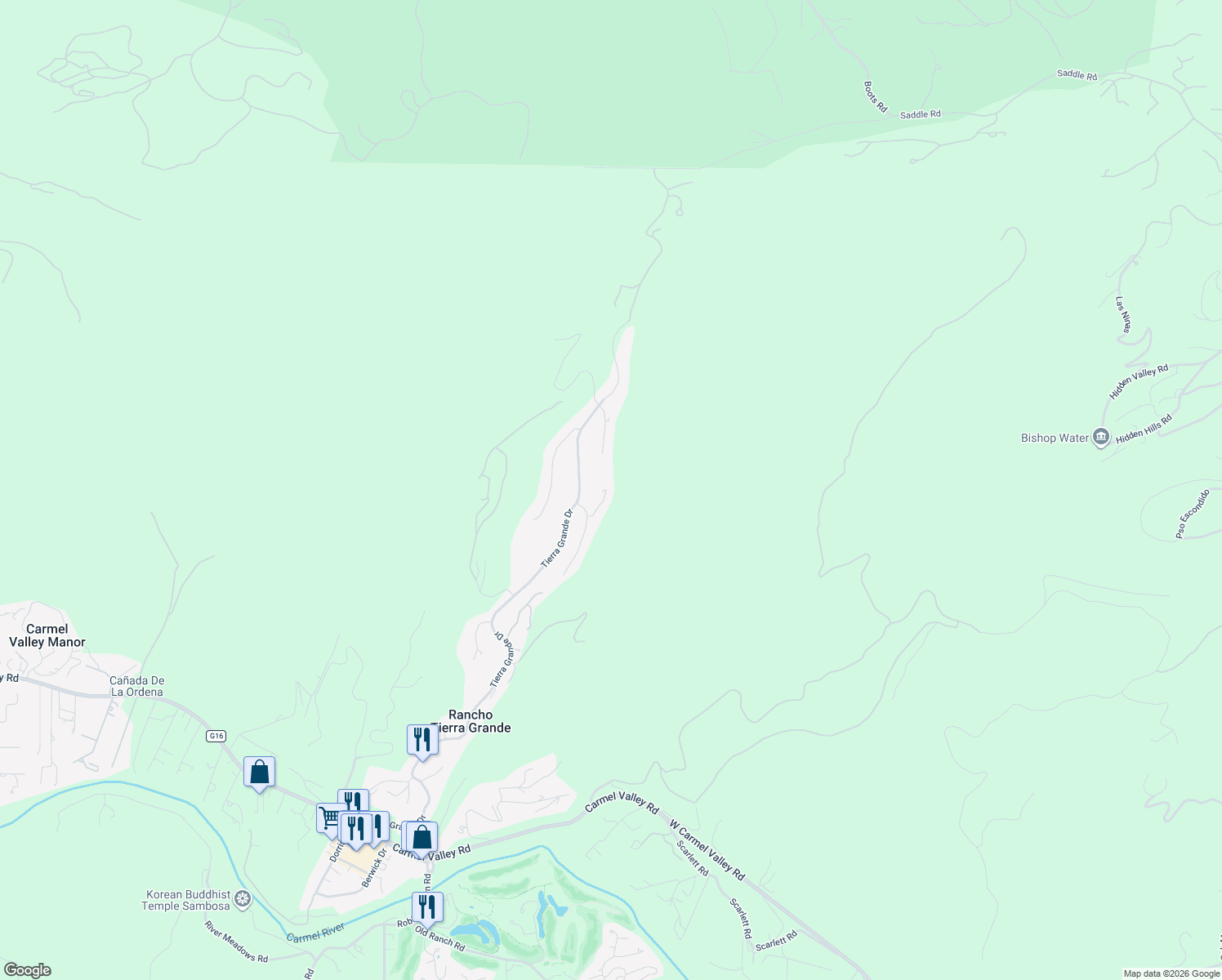 map of restaurants, bars, coffee shops, grocery stores, and more near 25430 Loma Robles Drive in Carmel