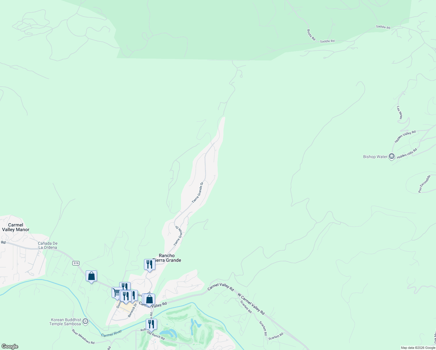 map of restaurants, bars, coffee shops, grocery stores, and more near 25430 Loma Robles Drive in Carmel