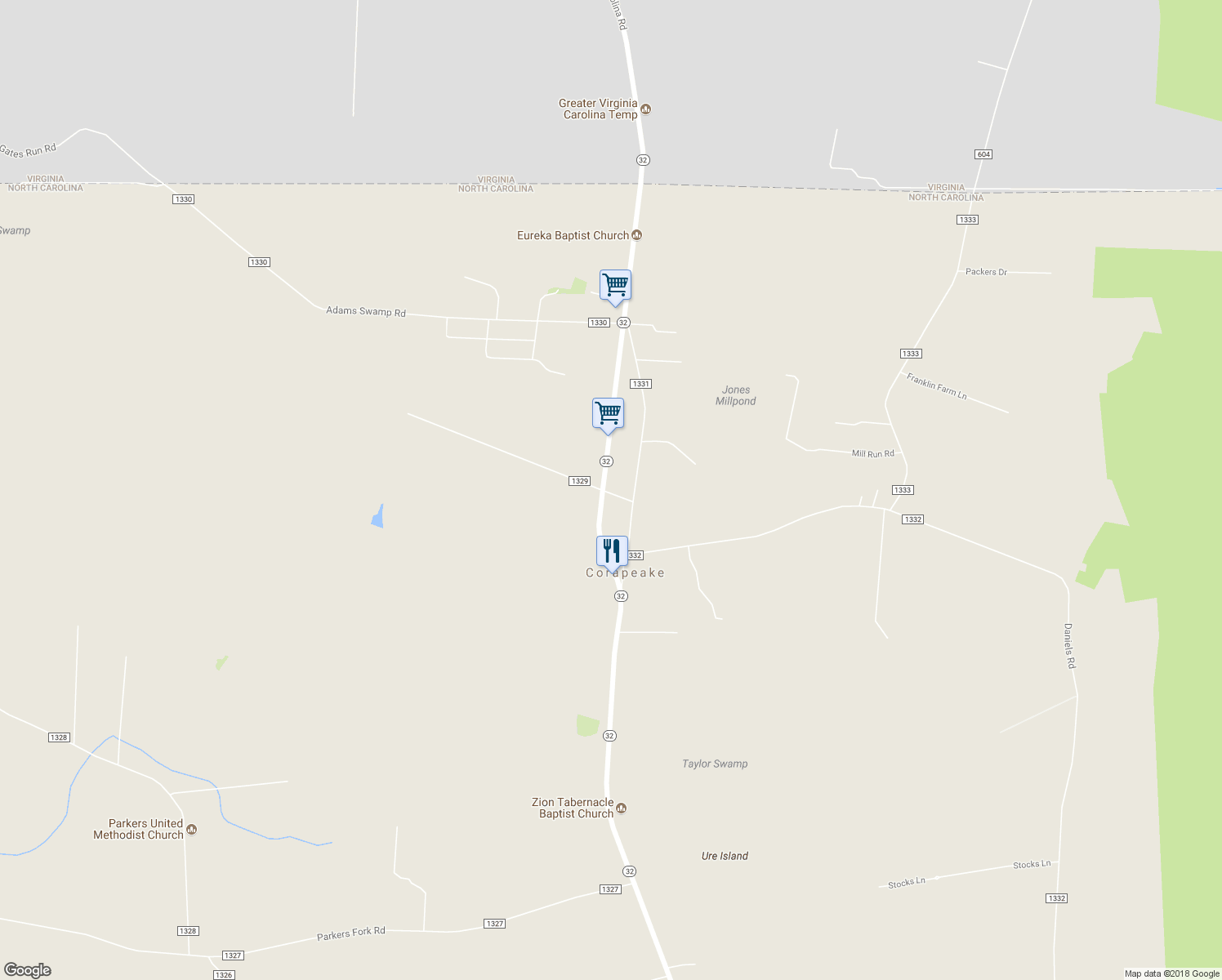 map of restaurants, bars, coffee shops, grocery stores, and more near 16 Knight Lane in Corapeake