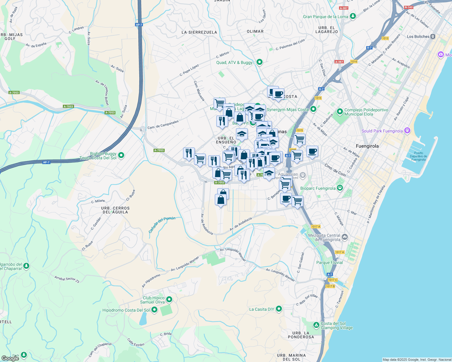 map of restaurants, bars, coffee shops, grocery stores, and more near 64 Camino Viejo de Coín in Fuengirola