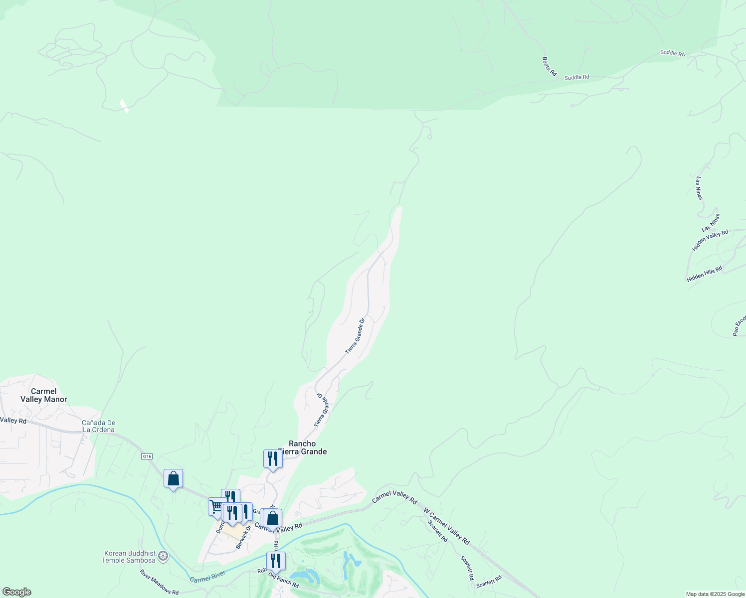 map of restaurants, bars, coffee shops, grocery stores, and more near 25435 Tierra Grande Drive in Carmel