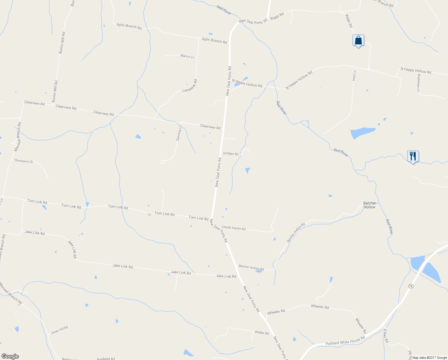 map of restaurants, bars, coffee shops, grocery stores, and more near 772 New Deal Potts Road in Cottontown