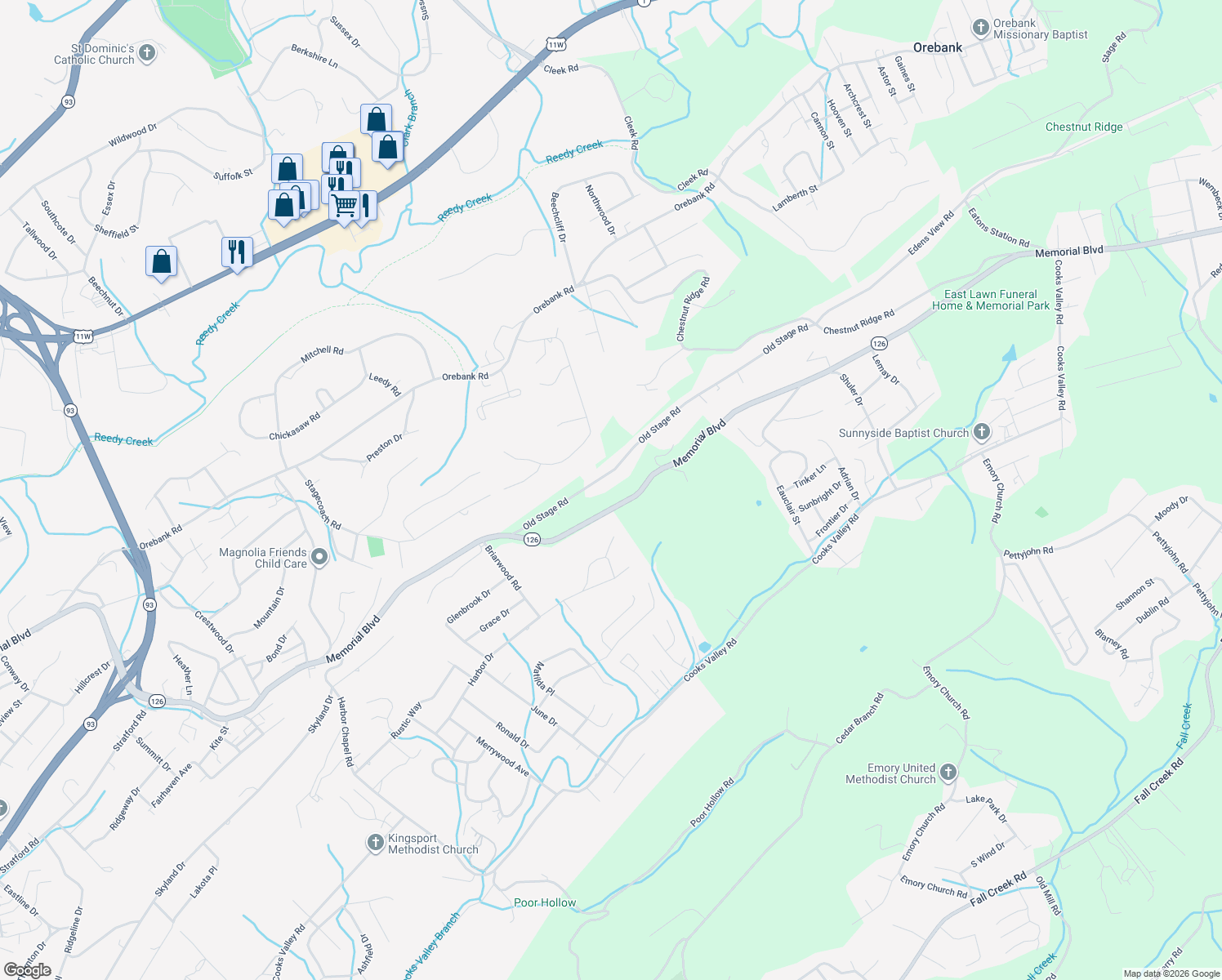 map of restaurants, bars, coffee shops, grocery stores, and more near 4537 Old Stage Road in Kingsport