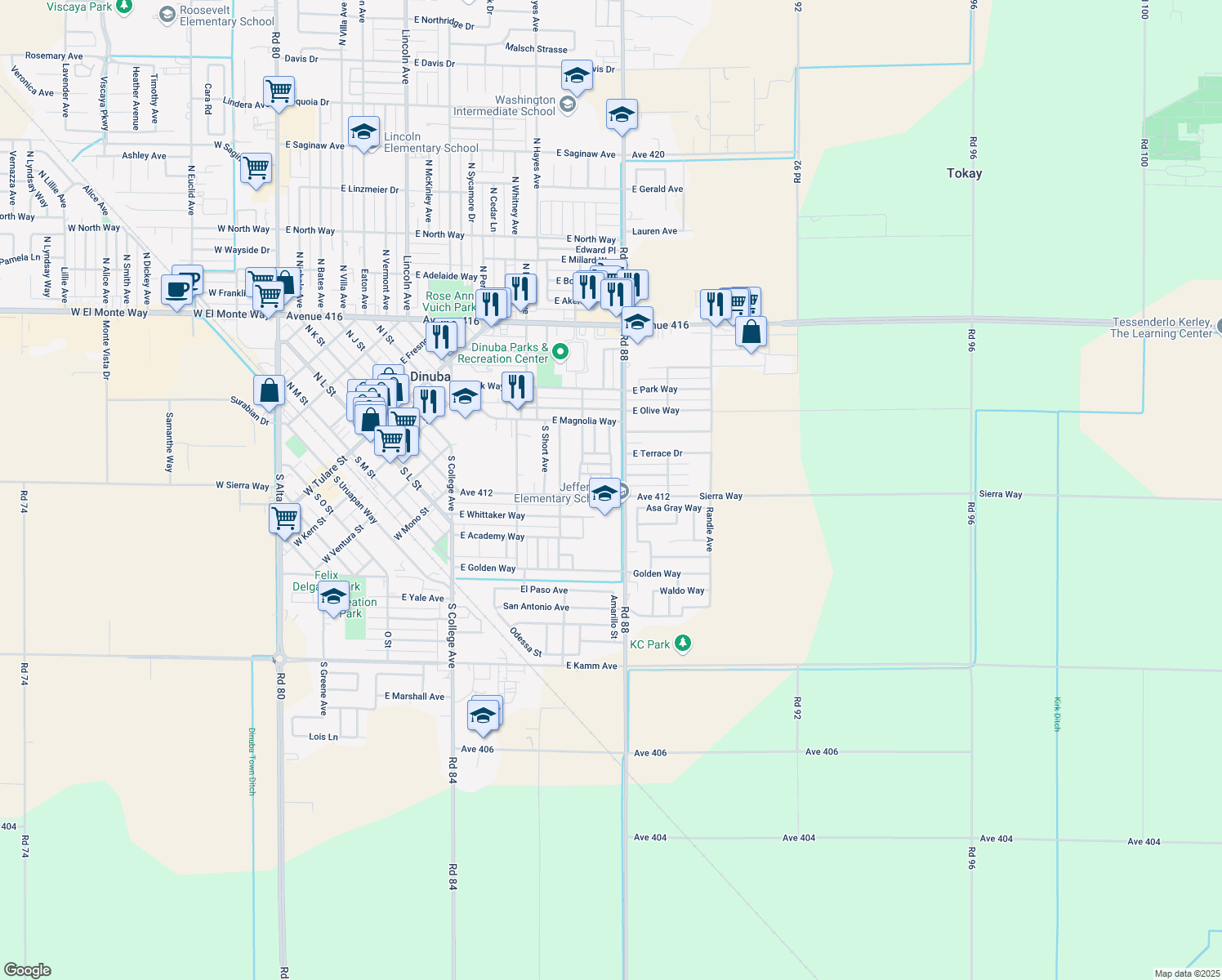 map of restaurants, bars, coffee shops, grocery stores, and more near 895 South Milsap Avenue in Dinuba