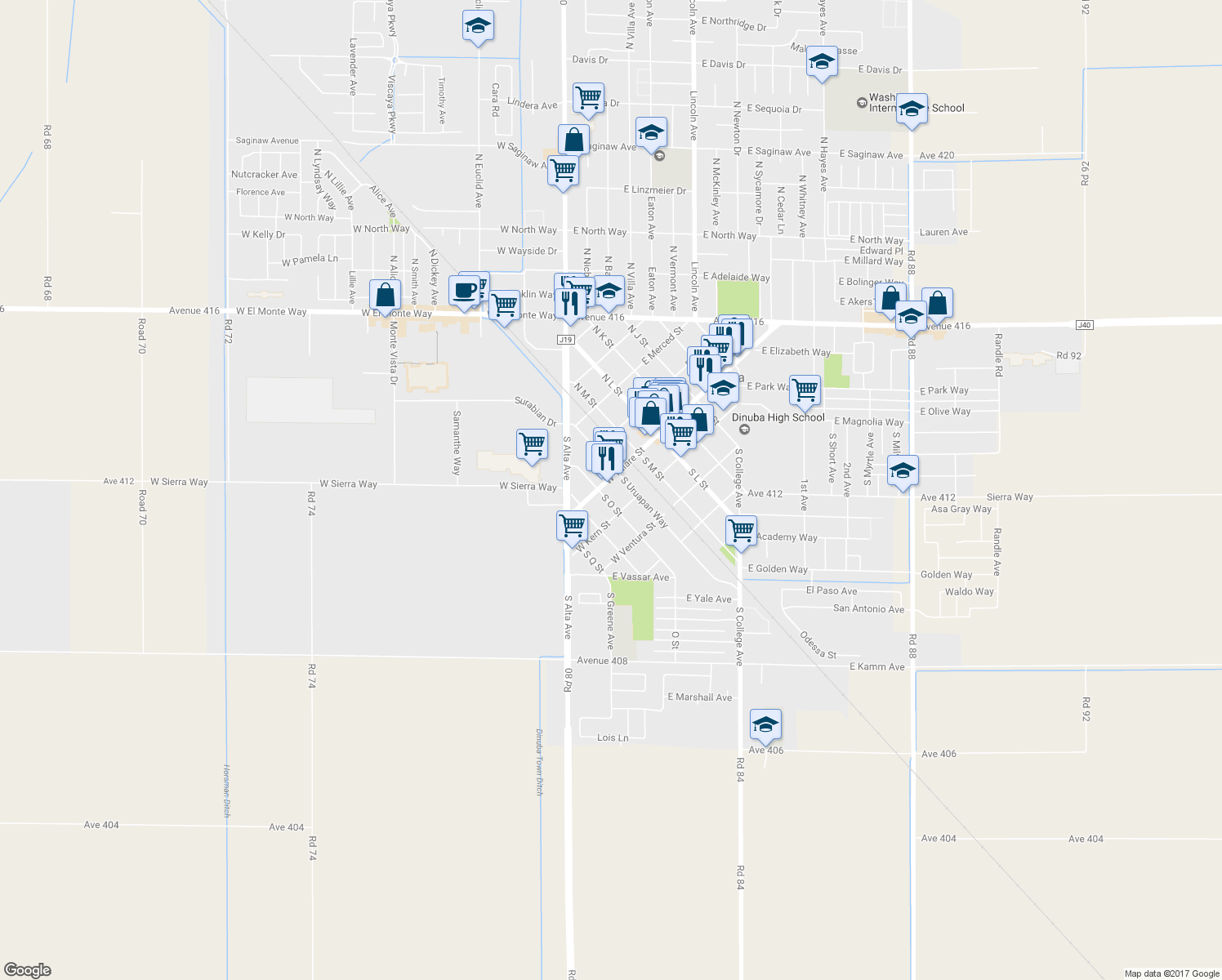 map of restaurants, bars, coffee shops, grocery stores, and more near 124 S O St in Dinuba