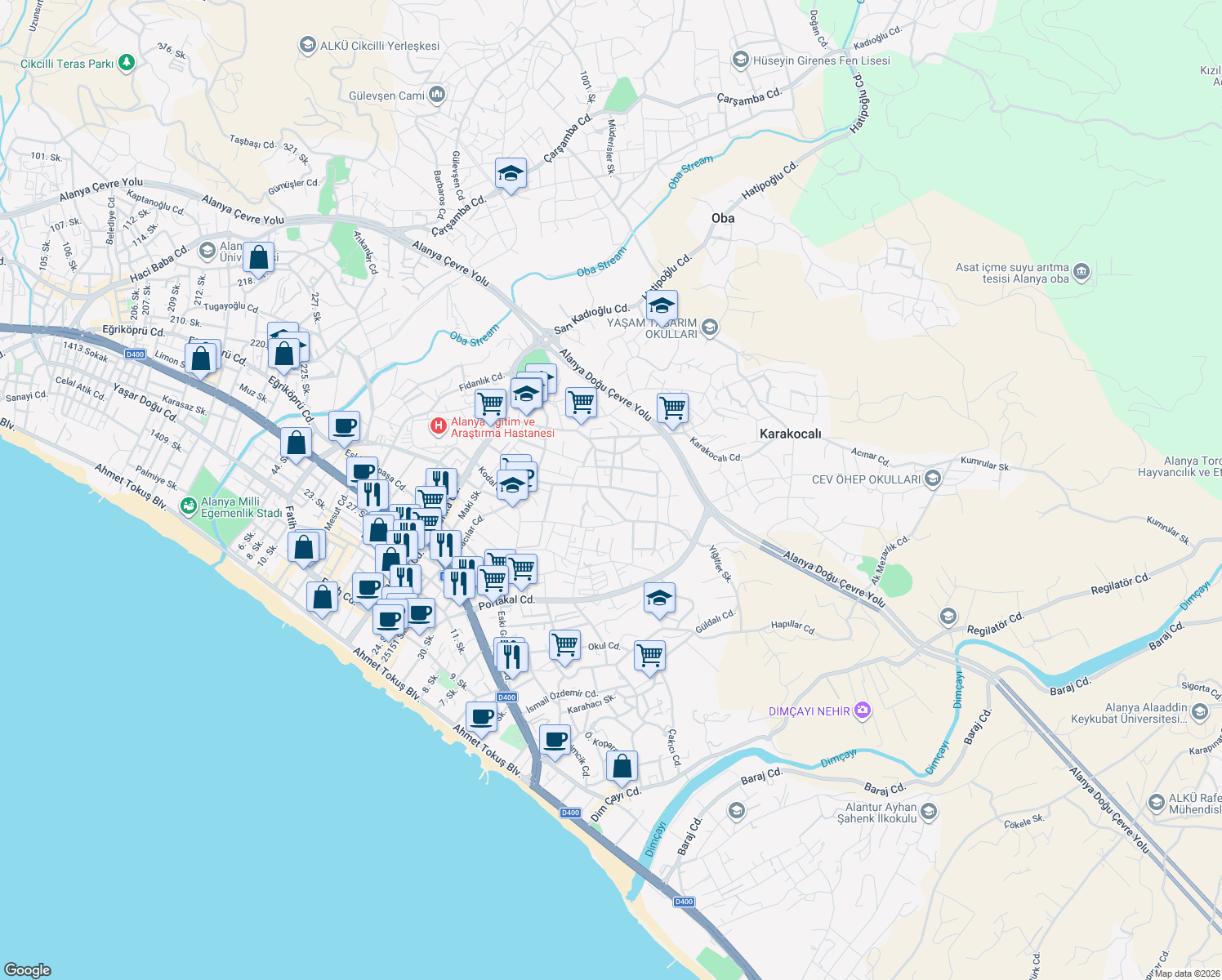 map of restaurants, bars, coffee shops, grocery stores, and more near 13 Yiğitler Sokak in Alanya