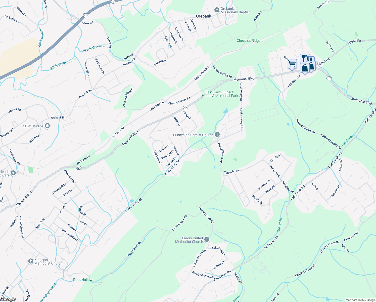 map of restaurants, bars, coffee shops, grocery stores, and more near 520 Cooks Valley Road in Kingsport