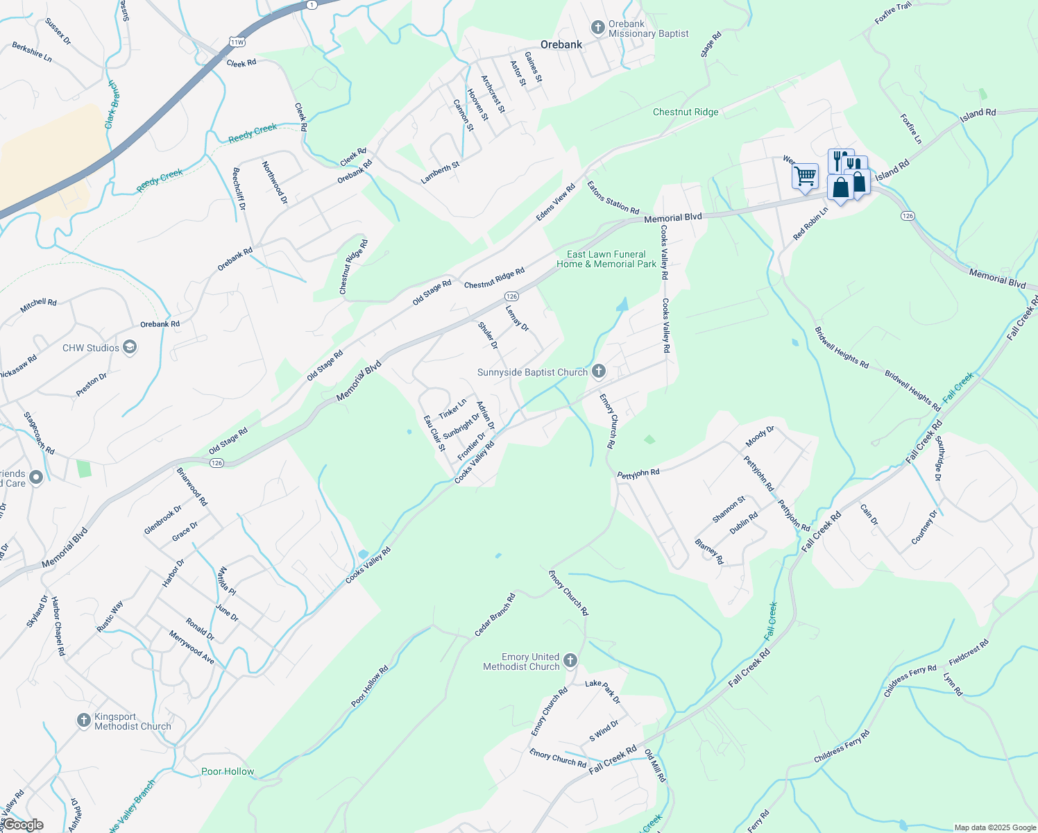 map of restaurants, bars, coffee shops, grocery stores, and more near 520 Cooks Valley Road in Kingsport