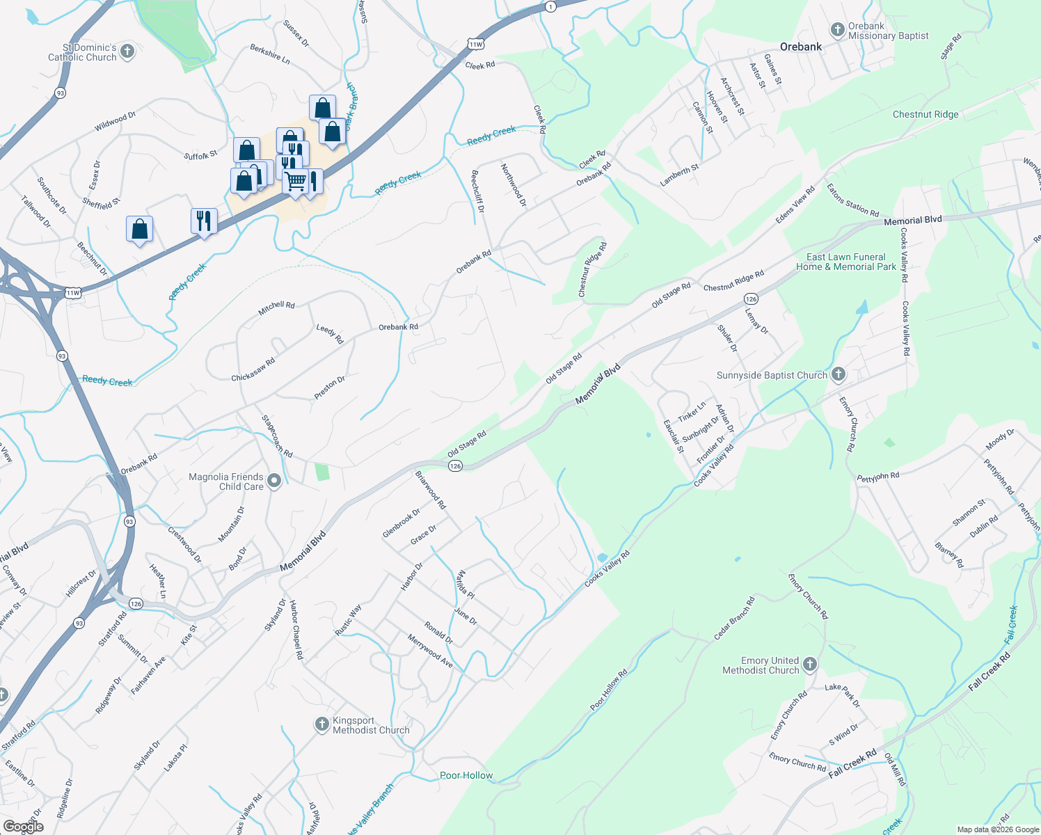 map of restaurants, bars, coffee shops, grocery stores, and more near 4537 Old Stage Road in Kingsport
