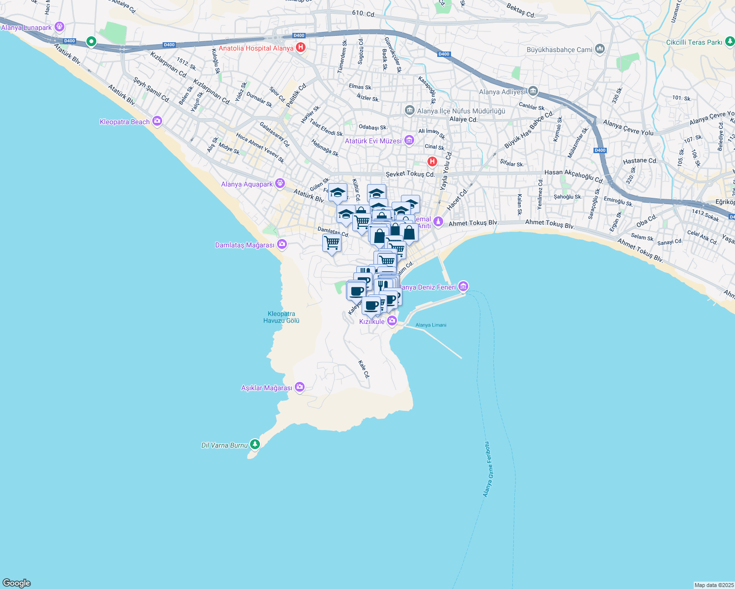 map of restaurants, bars, coffee shops, grocery stores, and more near 26 Hamdullah Emin Paşa Sokak in Alanya