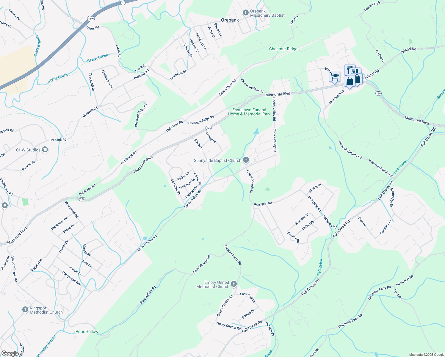 map of restaurants, bars, coffee shops, grocery stores, and more near 520 Cooks Valley Road in Kingsport