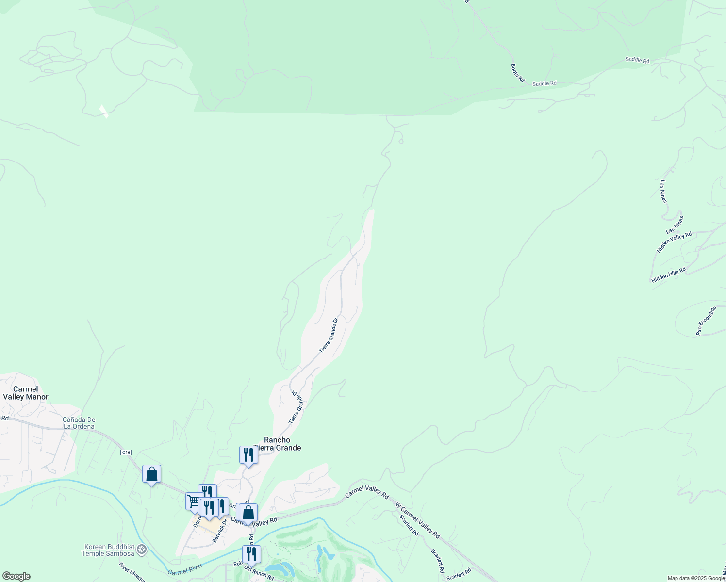 map of restaurants, bars, coffee shops, grocery stores, and more near 25435 Vía Cicindela in Carmel-by-the-Sea