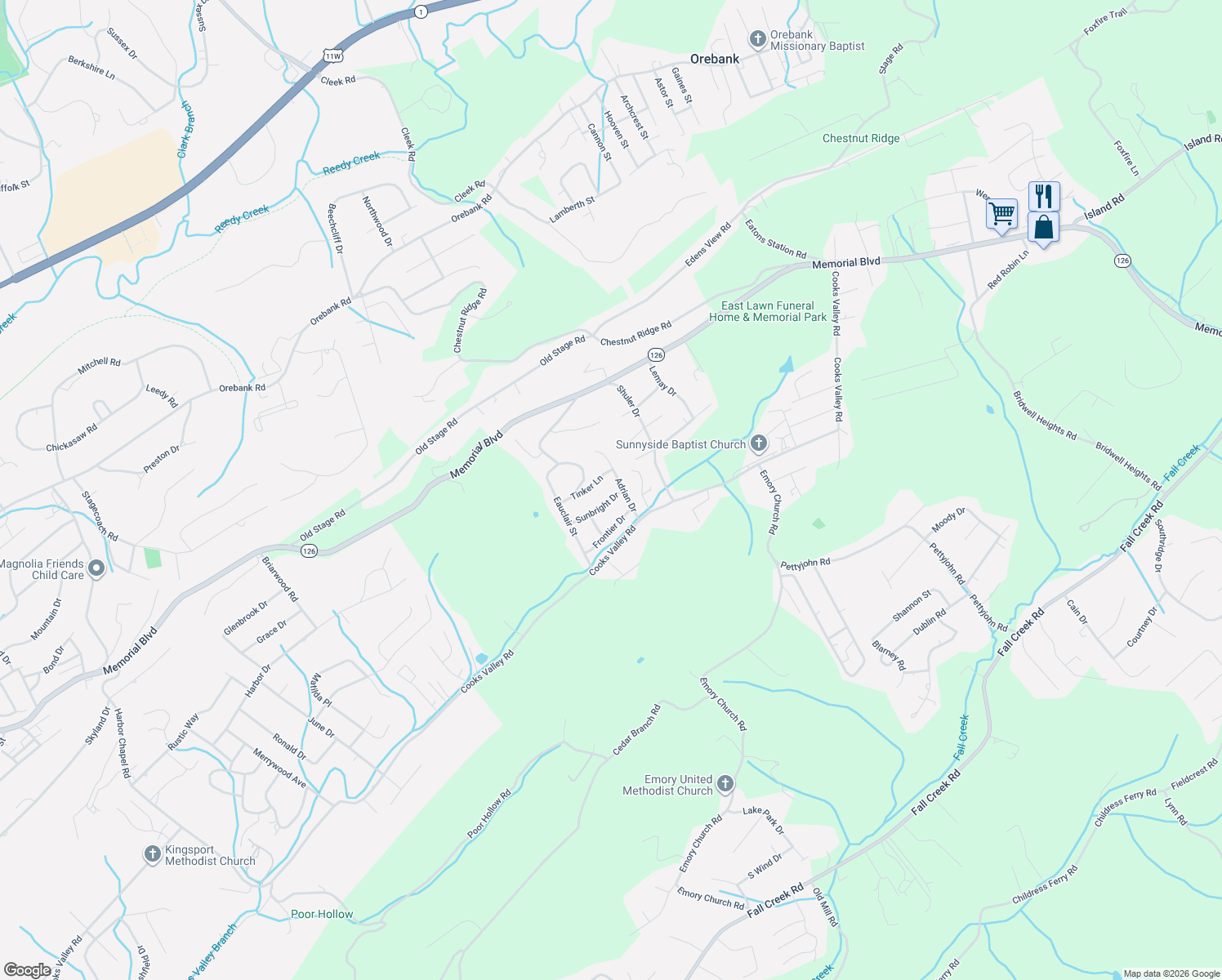 map of restaurants, bars, coffee shops, grocery stores, and more near 4825 Sunbright Drive in Kingsport