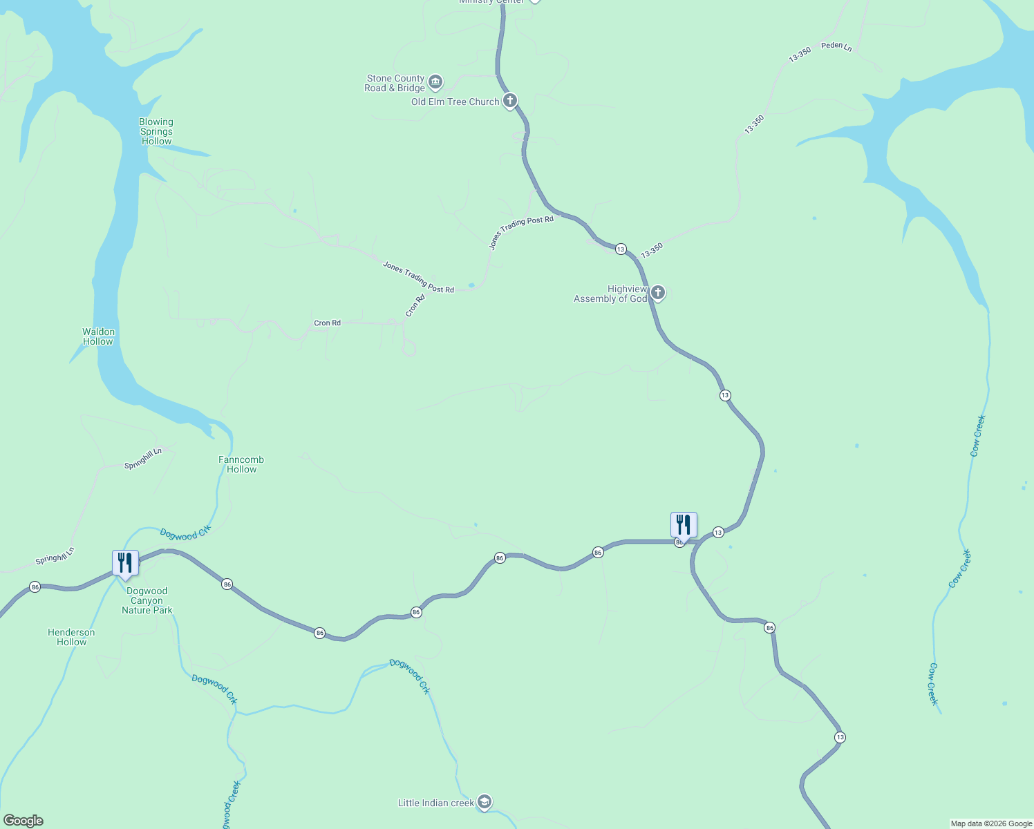 map of restaurants, bars, coffee shops, grocery stores, and more near 160 Old Horseshoe Ridge in Lampe