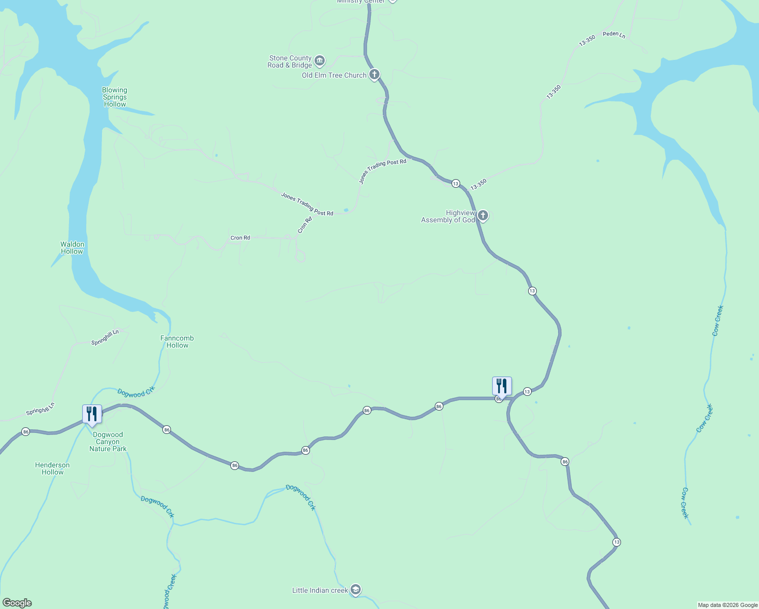 map of restaurants, bars, coffee shops, grocery stores, and more near 160 Old Horseshoe Ridge in Lampe