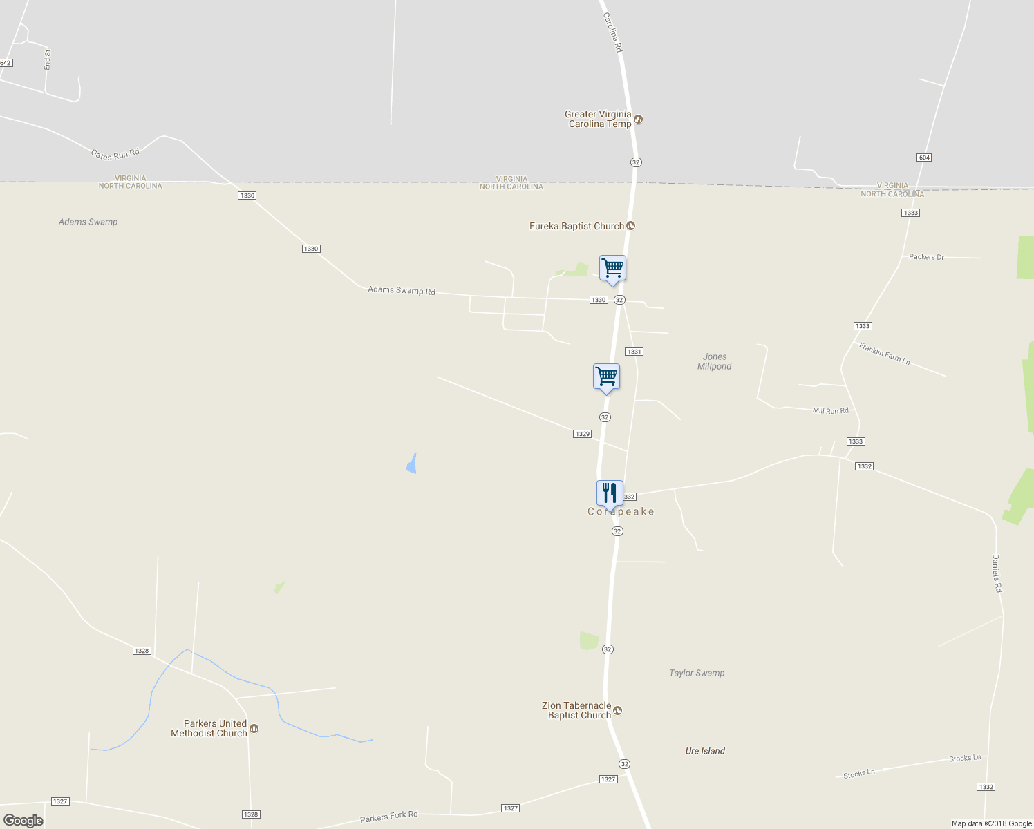 map of restaurants, bars, coffee shops, grocery stores, and more near 81 Knight Lane in Corapeake