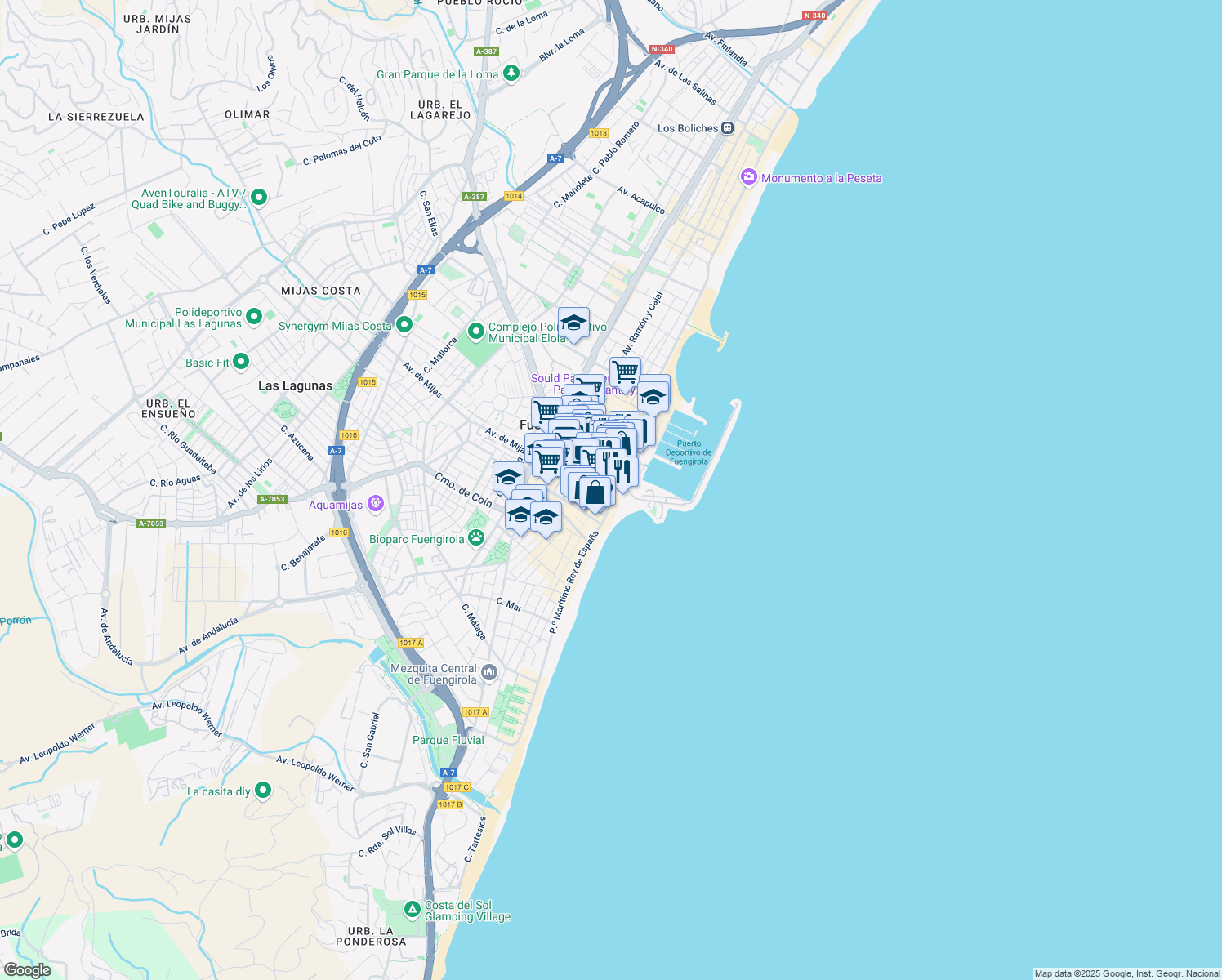 map of restaurants, bars, coffee shops, grocery stores, and more near 32 Paseo Marítimo Rey de España in Fuengirola