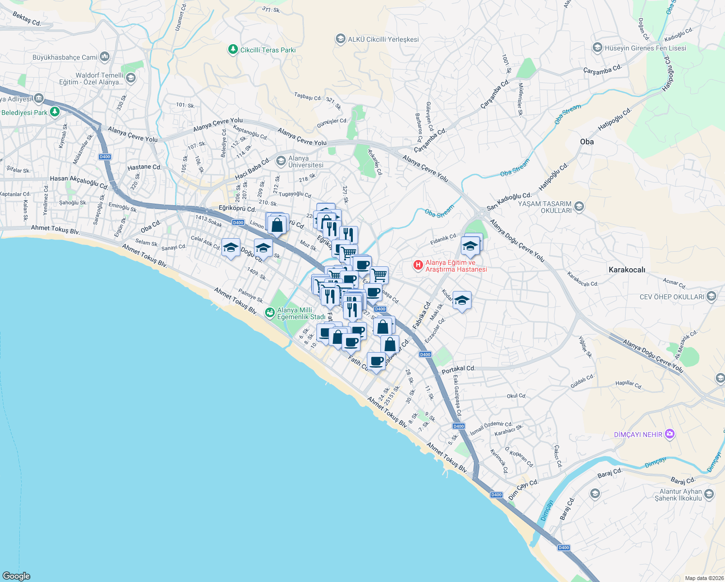 map of restaurants, bars, coffee shops, grocery stores, and more near 27 Mersin - Antalya Yolu in Alanya