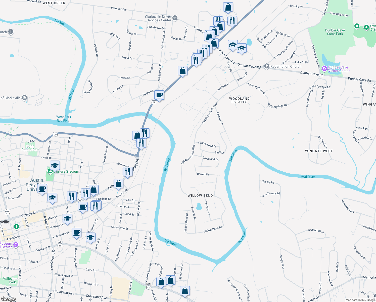 map of restaurants, bars, coffee shops, grocery stores, and more near 1604 Old Russellville Pike in Clarksville