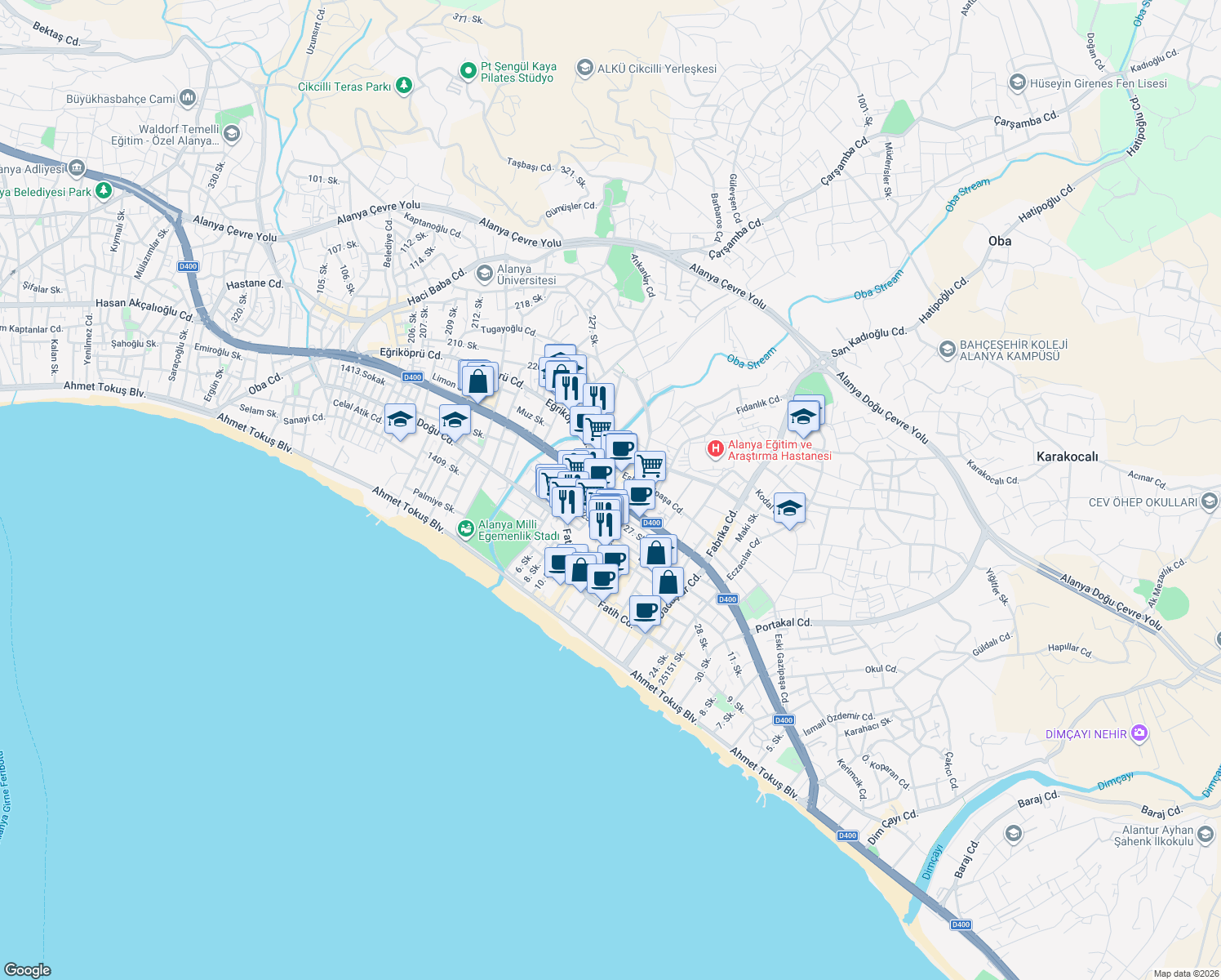 map of restaurants, bars, coffee shops, grocery stores, and more near 23 Mersin - Antalya Yolu in Alanya