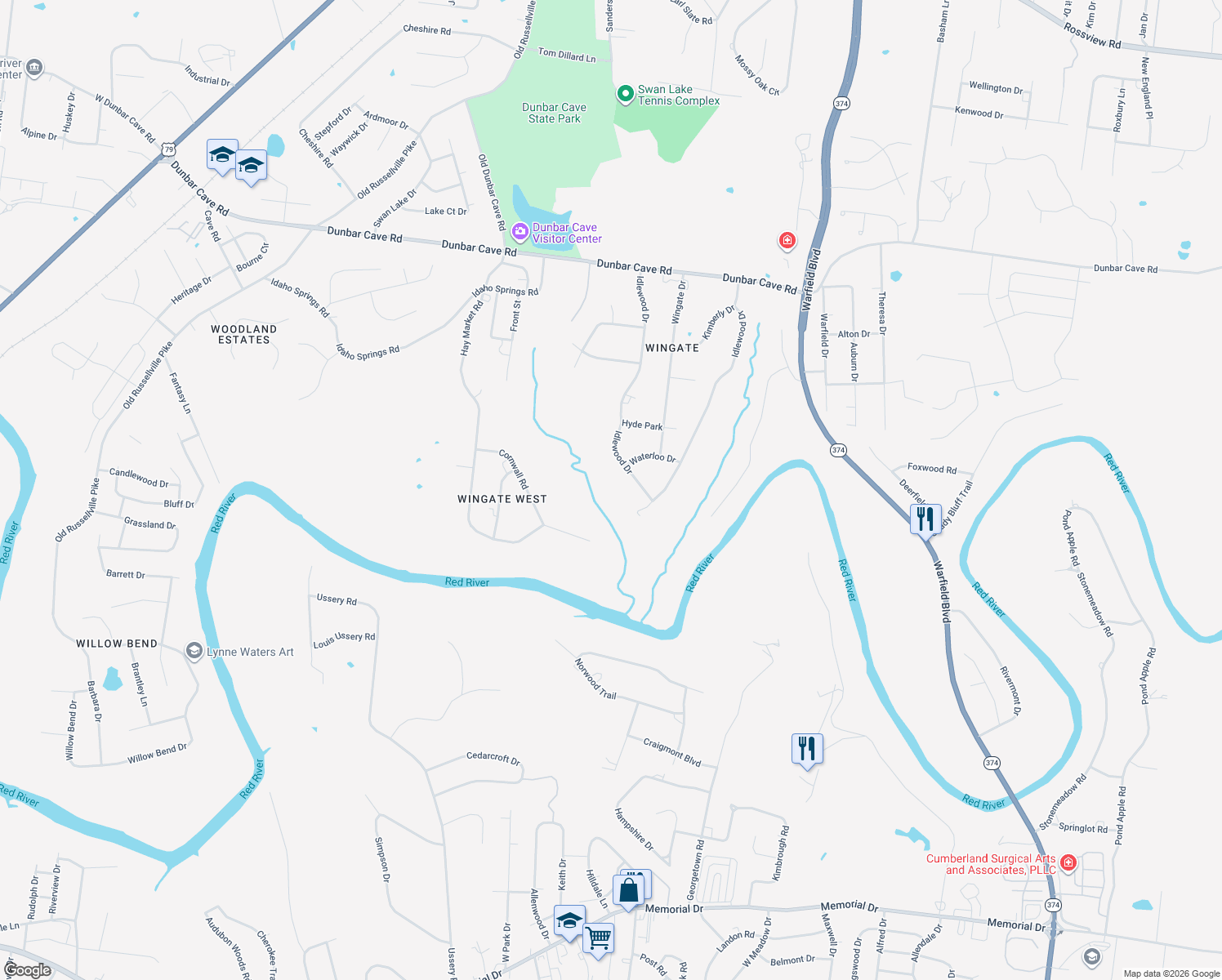 map of restaurants, bars, coffee shops, grocery stores, and more near 536 Idlewood Dr in Clarksville