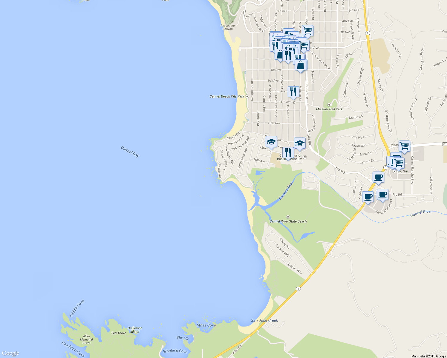 map of restaurants, bars, coffee shops, grocery stores, and more near 26398 Ocean View Avenue in Carmel-by-the-Sea