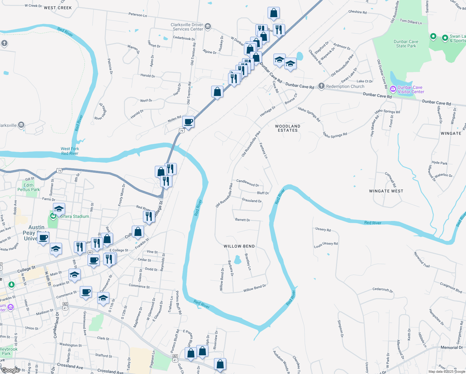 map of restaurants, bars, coffee shops, grocery stores, and more near 1604 Old Russellville Pike in Clarksville