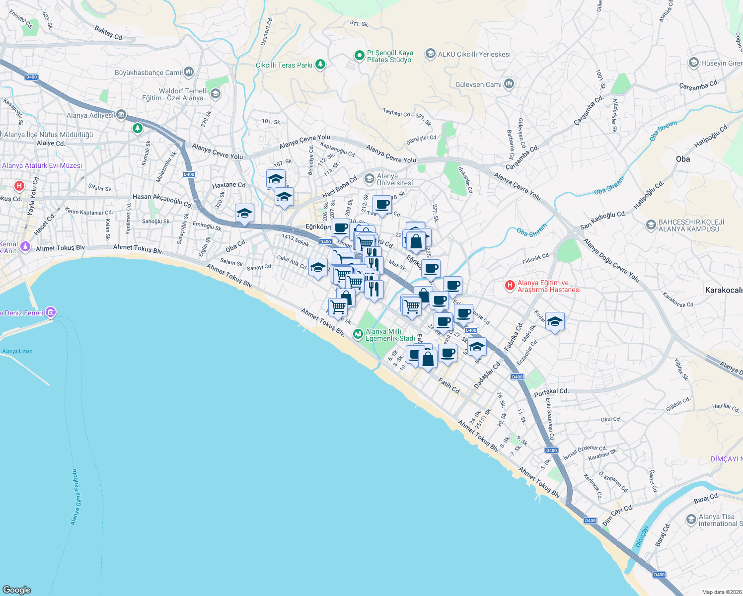 map of restaurants, bars, coffee shops, grocery stores, and more near 23 Sadullahoğlu Sokak in Alanya