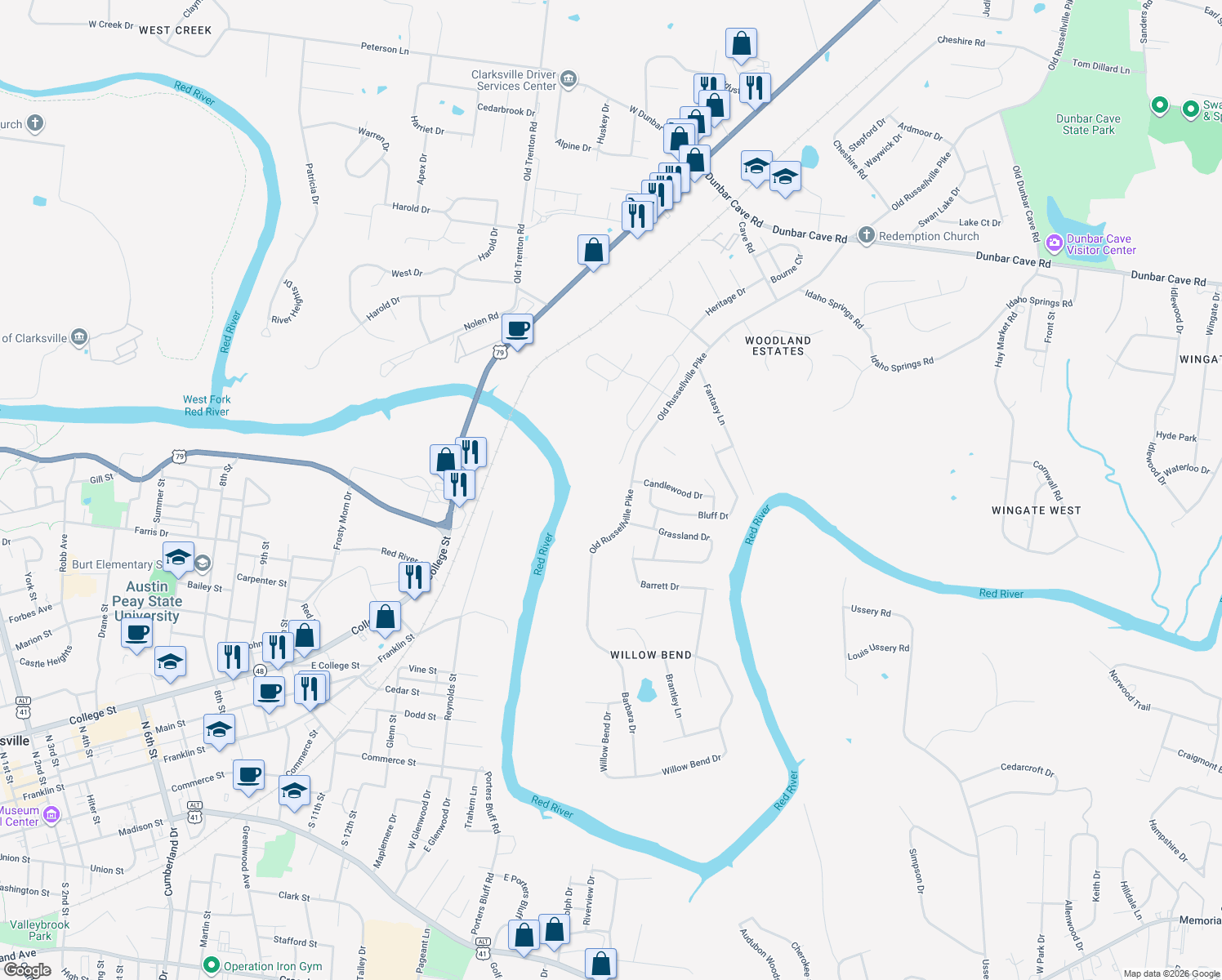 map of restaurants, bars, coffee shops, grocery stores, and more near 1604 Old Russellville Pike in Clarksville