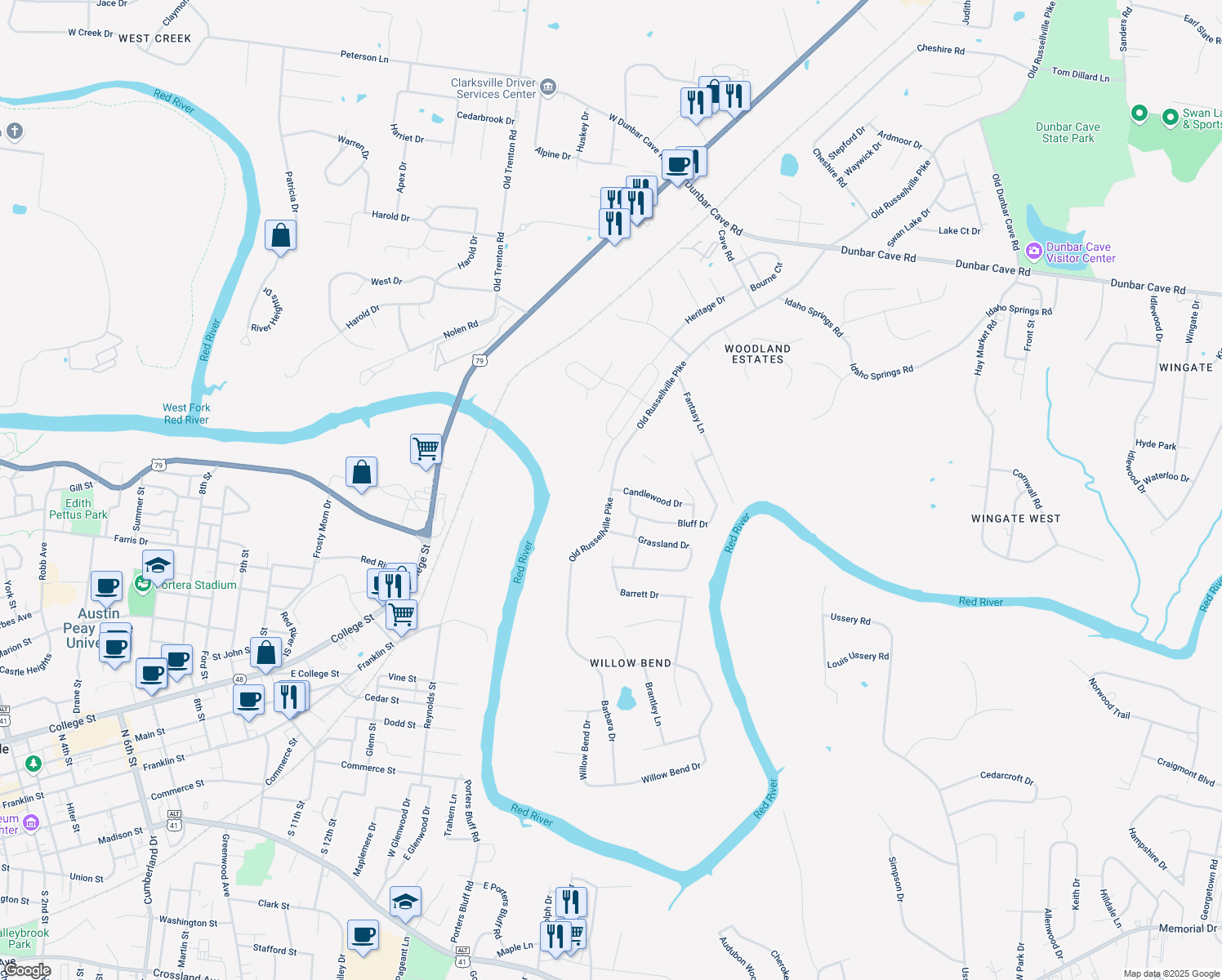 map of restaurants, bars, coffee shops, grocery stores, and more near 1501 Old Russellville Pike in Clarksville