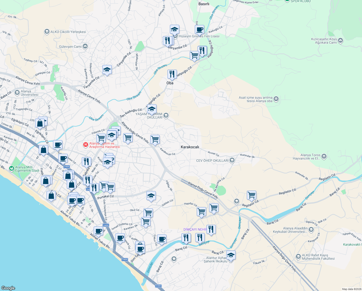 map of restaurants, bars, coffee shops, grocery stores, and more near 55 Karakocalı Caddesi in Alanya