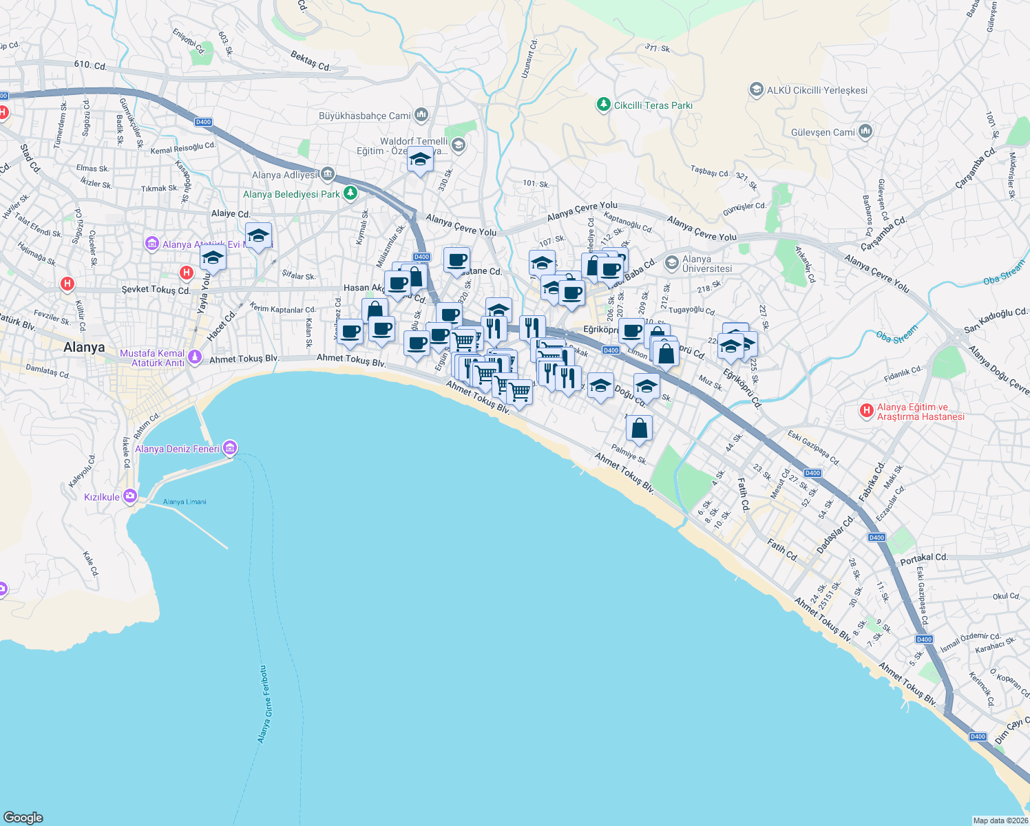 map of restaurants, bars, coffee shops, grocery stores, and more near 2 Aytap Sokak in Alanya