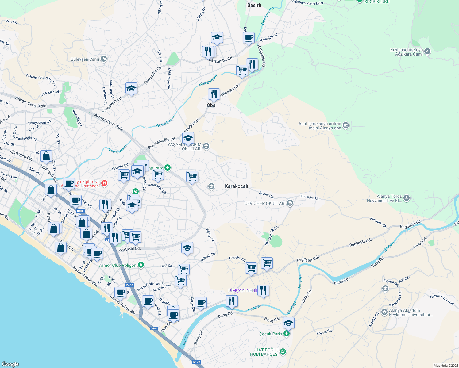 map of restaurants, bars, coffee shops, grocery stores, and more near Şirin Sokak in Alanya