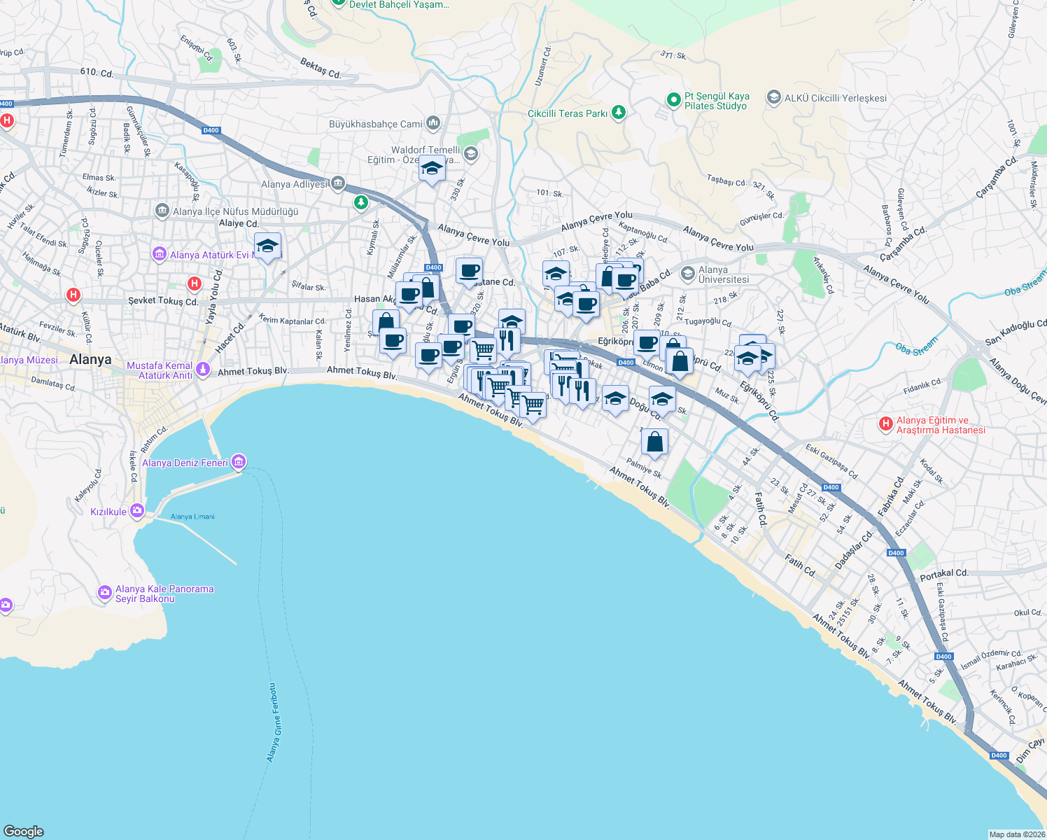 map of restaurants, bars, coffee shops, grocery stores, and more near 2 Aytap Sokak in Alanya