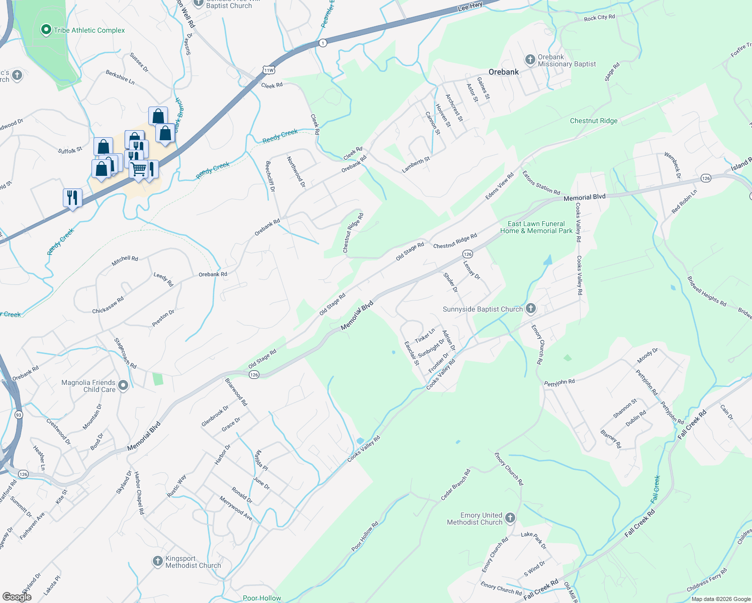 map of restaurants, bars, coffee shops, grocery stores, and more near 4745 1/2 Memorial Boulevard in Kingsport