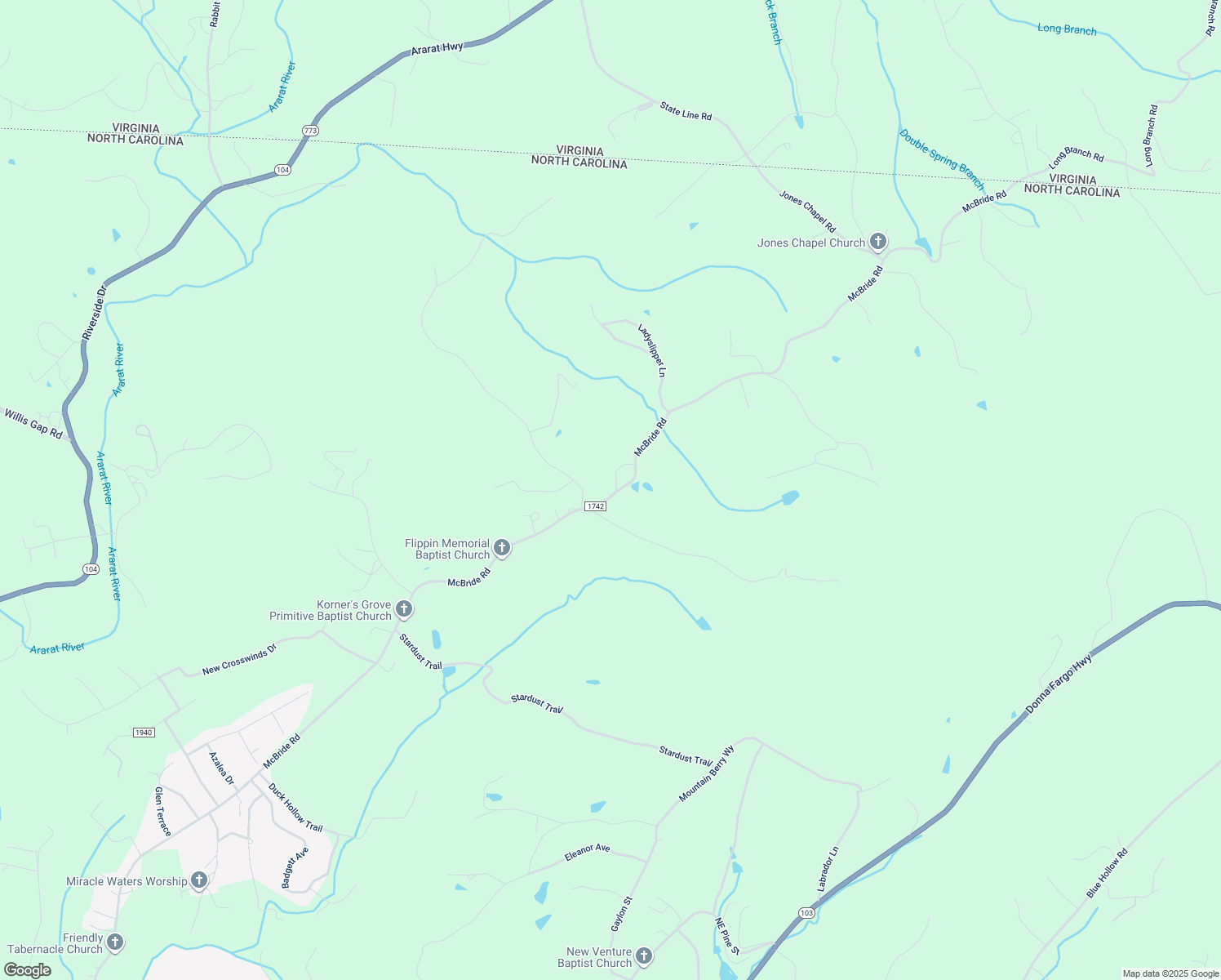 map of restaurants, bars, coffee shops, grocery stores, and more near 1539 McBride Road in Mount Airy