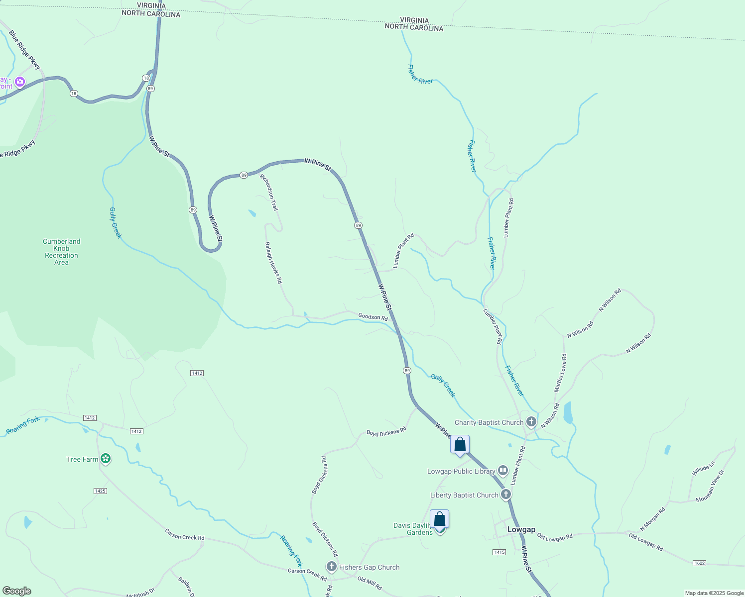map of restaurants, bars, coffee shops, grocery stores, and more near 9621 West Pine Street in Lowgap