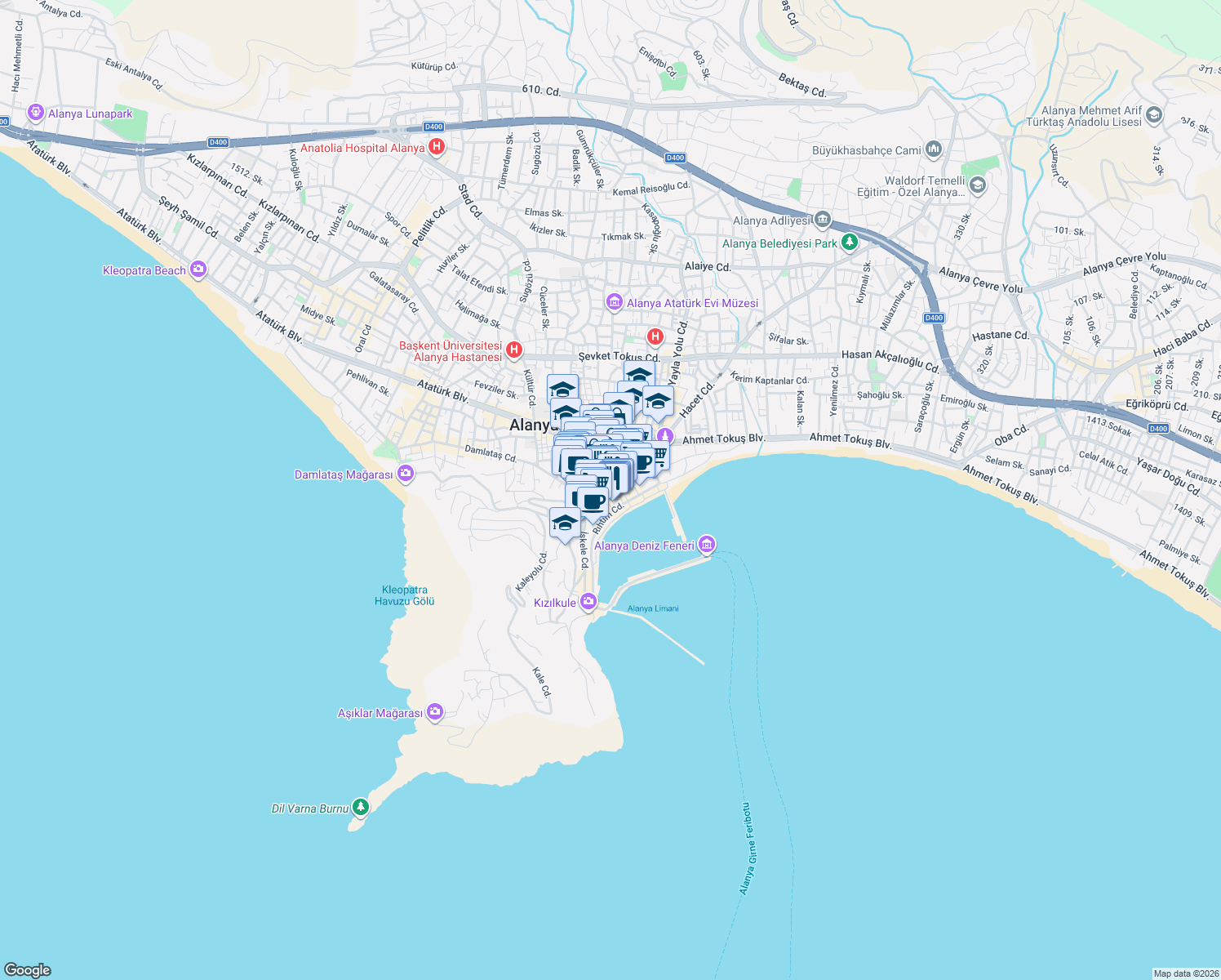 map of restaurants, bars, coffee shops, grocery stores, and more near 2 5. Sokak in Alanya