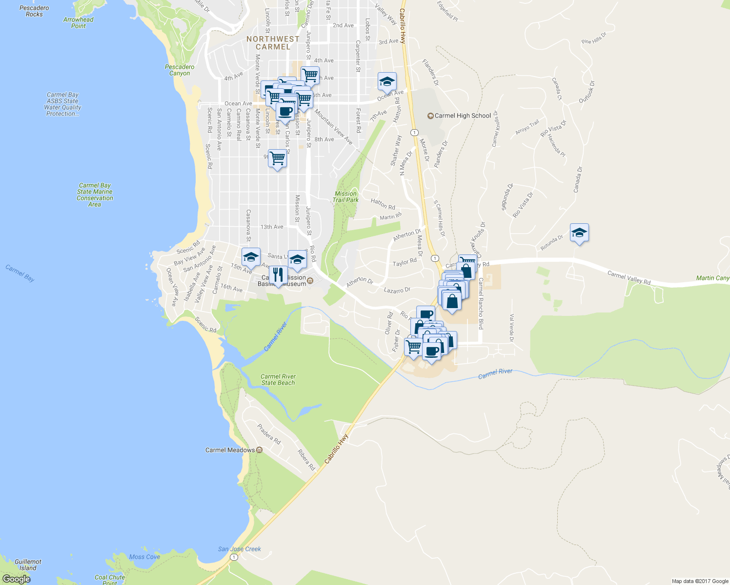 map of restaurants, bars, coffee shops, grocery stores, and more near 26219 Atherton Place in Carmel-by-the-Sea