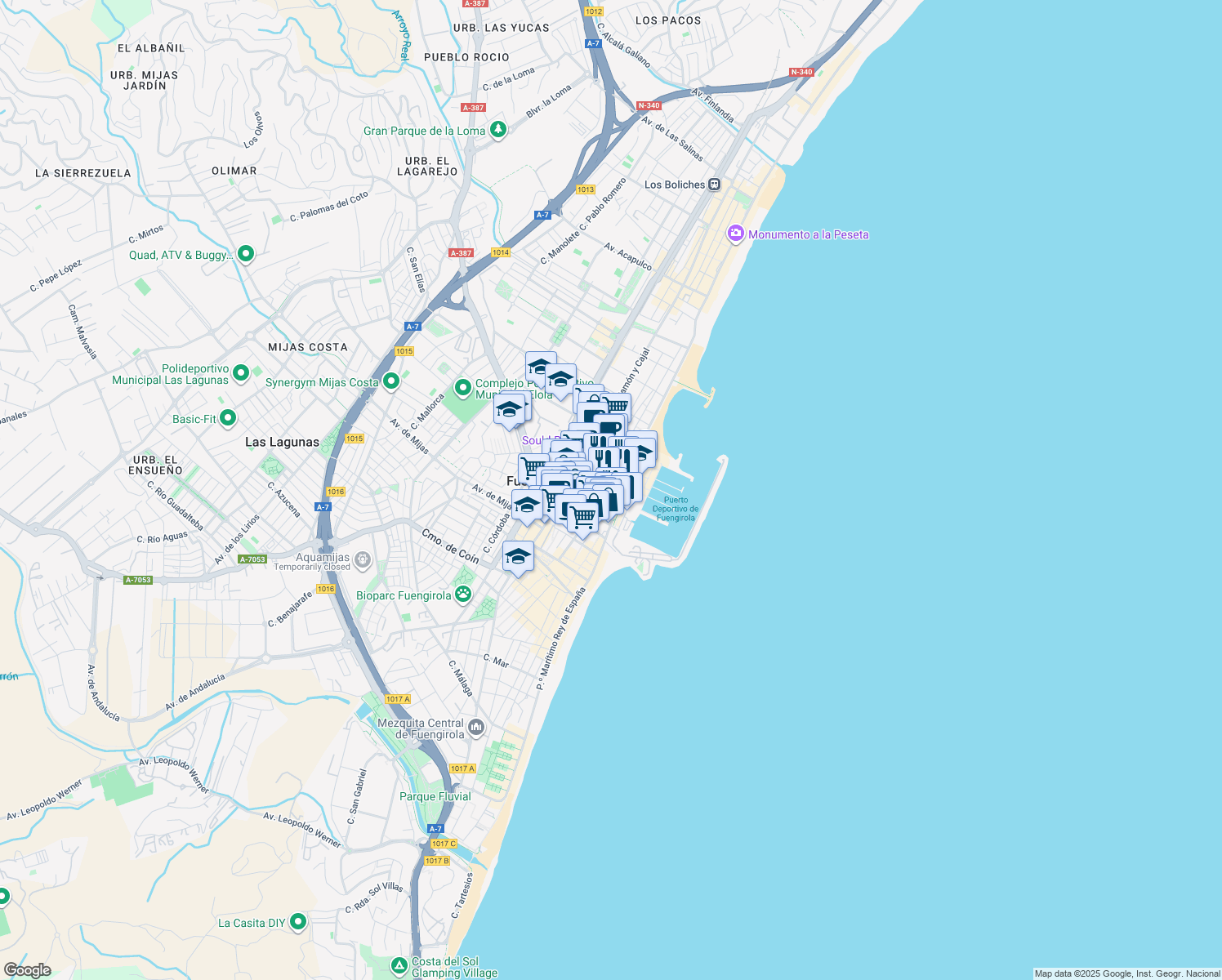map of restaurants, bars, coffee shops, grocery stores, and more near 6 Calle Martínez Catena in Fuengirola