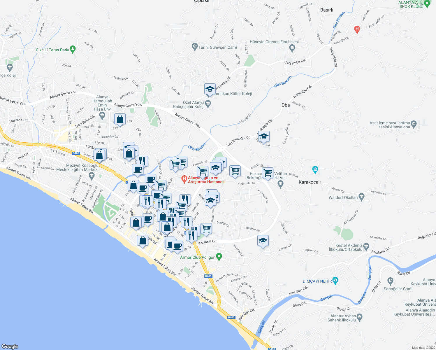 map of restaurants, bars, coffee shops, grocery stores, and more near in Alanya