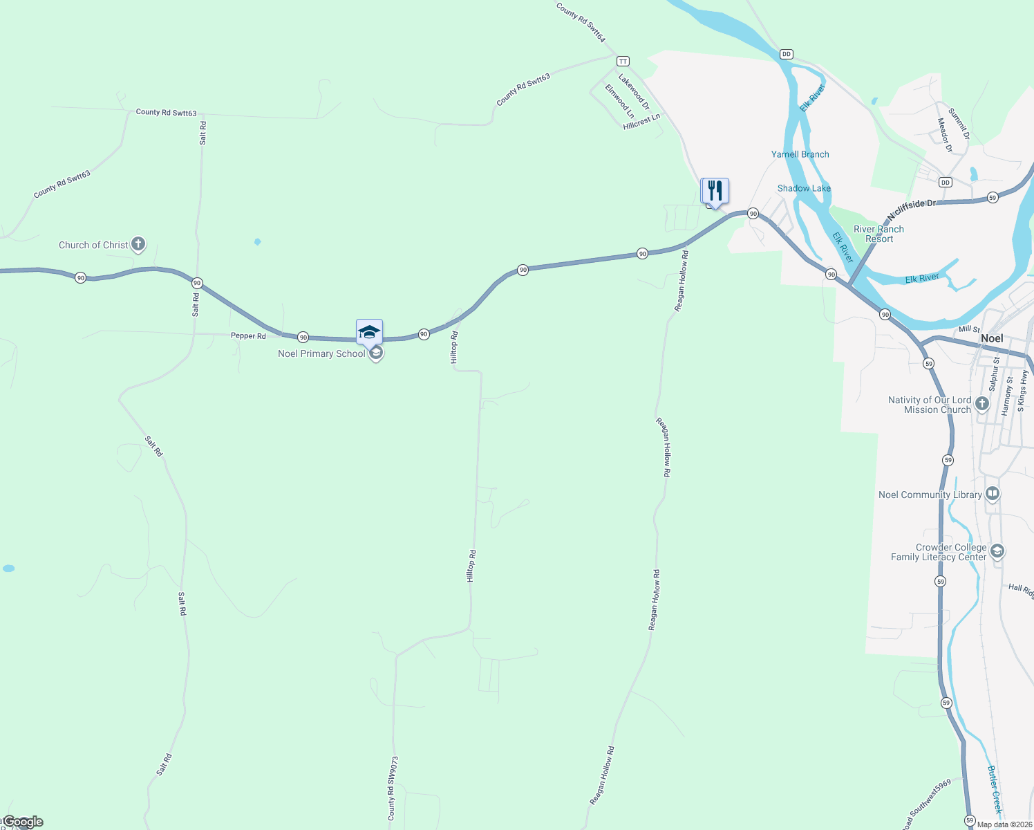 map of restaurants, bars, coffee shops, grocery stores, and more near 412 Hilltop Road in Noel