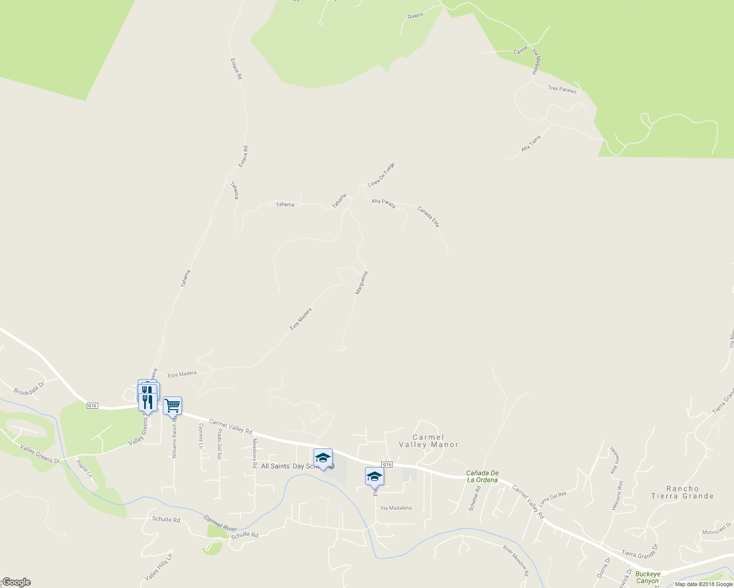 map of restaurants, bars, coffee shops, grocery stores, and more near 53 Marguerite in Carmel