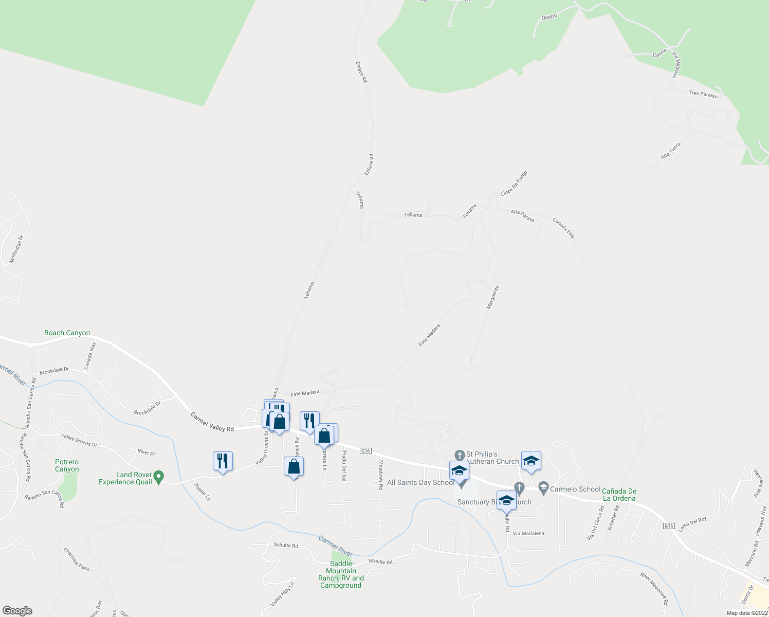 map of restaurants, bars, coffee shops, grocery stores, and more near 46 Tehama in Carmel