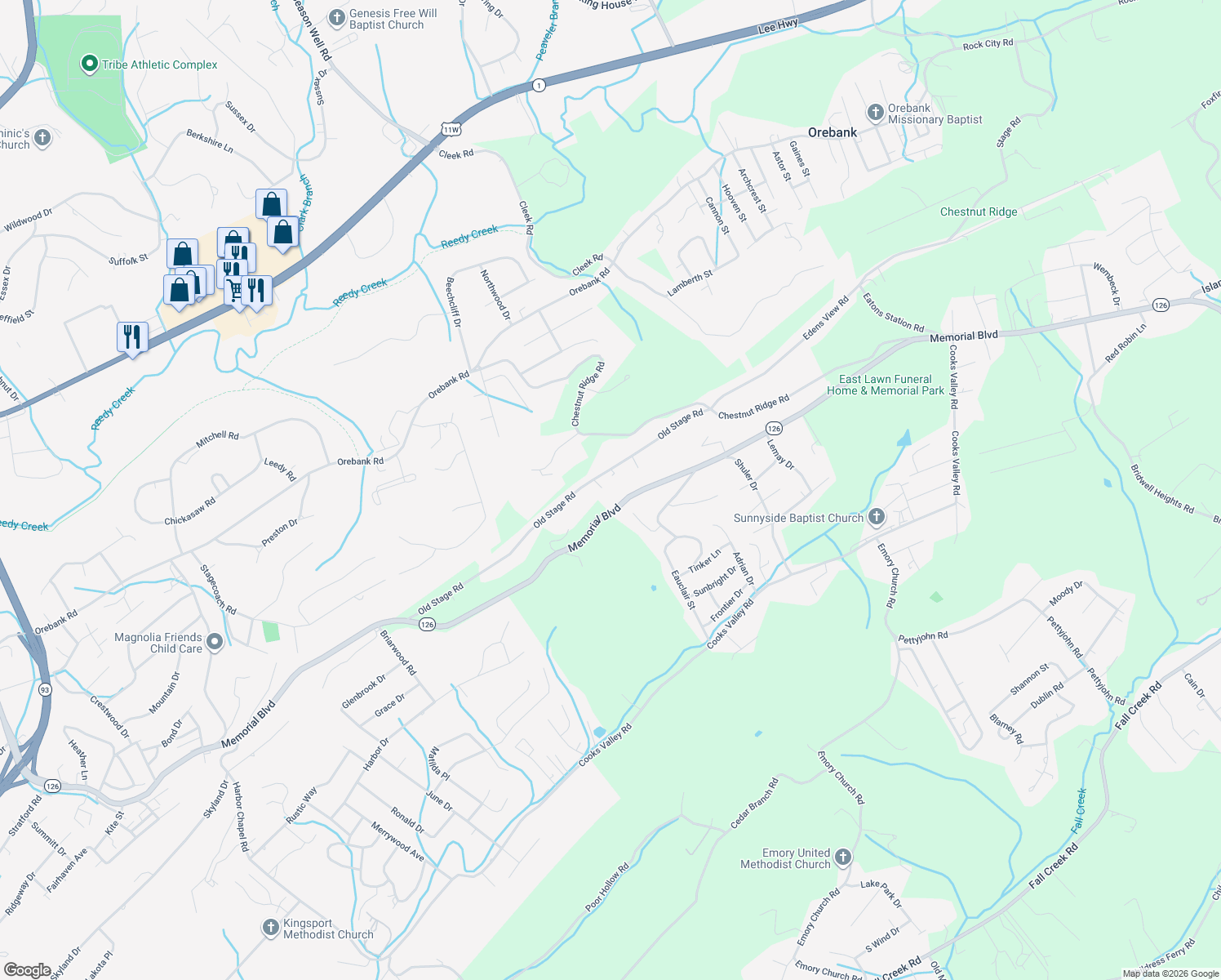 map of restaurants, bars, coffee shops, grocery stores, and more near 4745 1/2 Memorial Boulevard in Kingsport