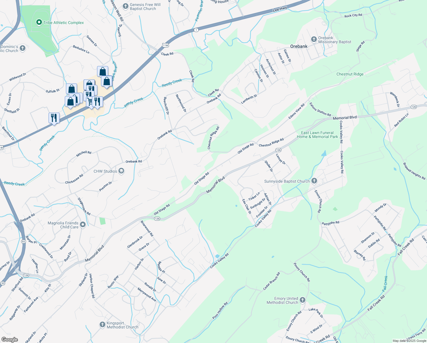 map of restaurants, bars, coffee shops, grocery stores, and more near 5105 Memorial Boulevard in Kingsport